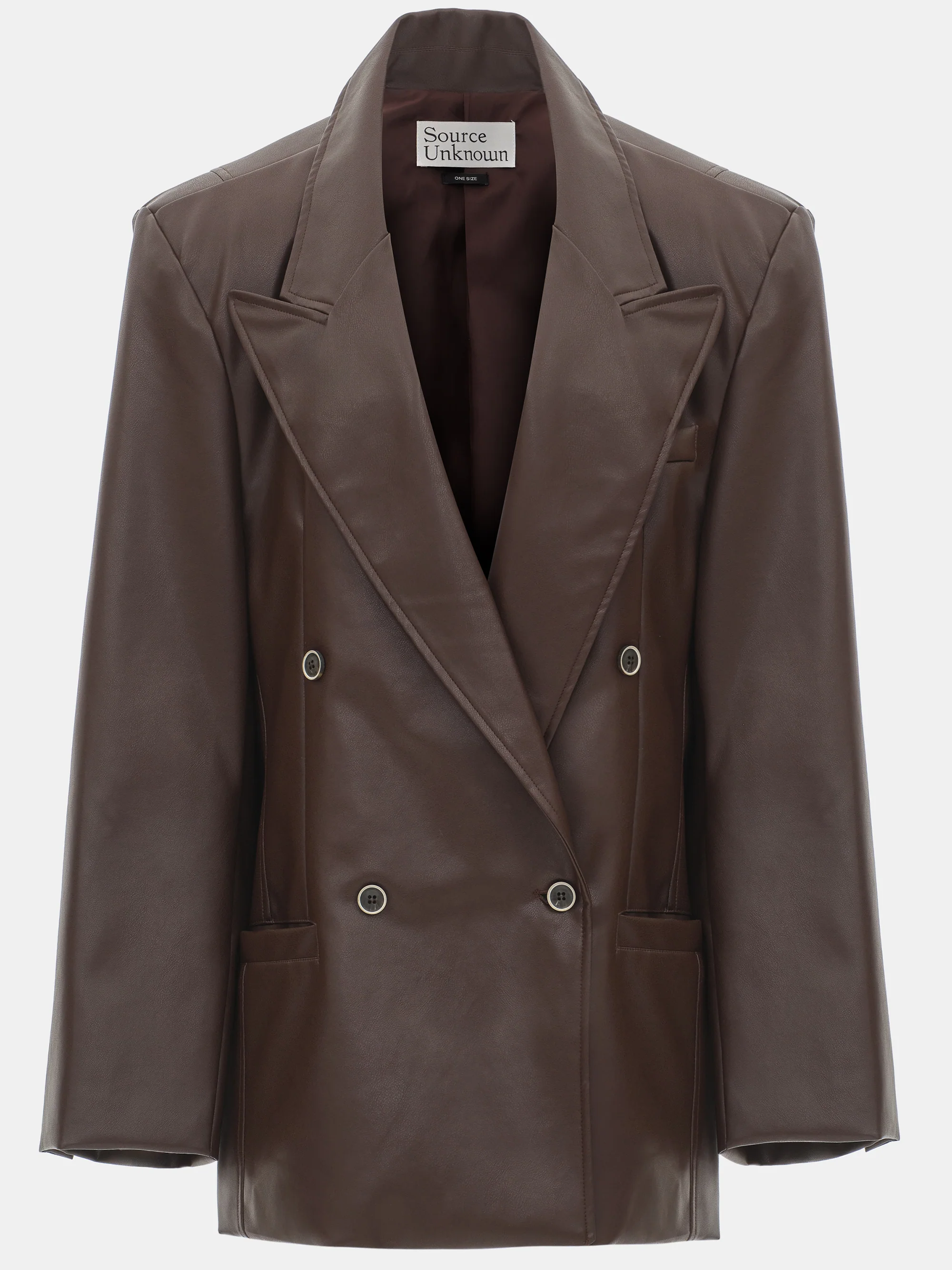 Kasos Faux Leather Double-Breasted Blazer, Brown - Image 7