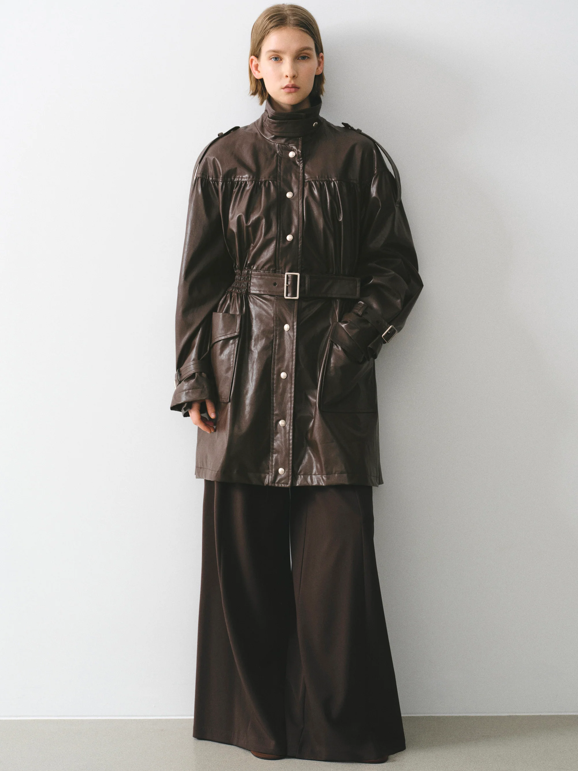 Kinsley Belted Faux-Leather Utility Jacket, Brown
