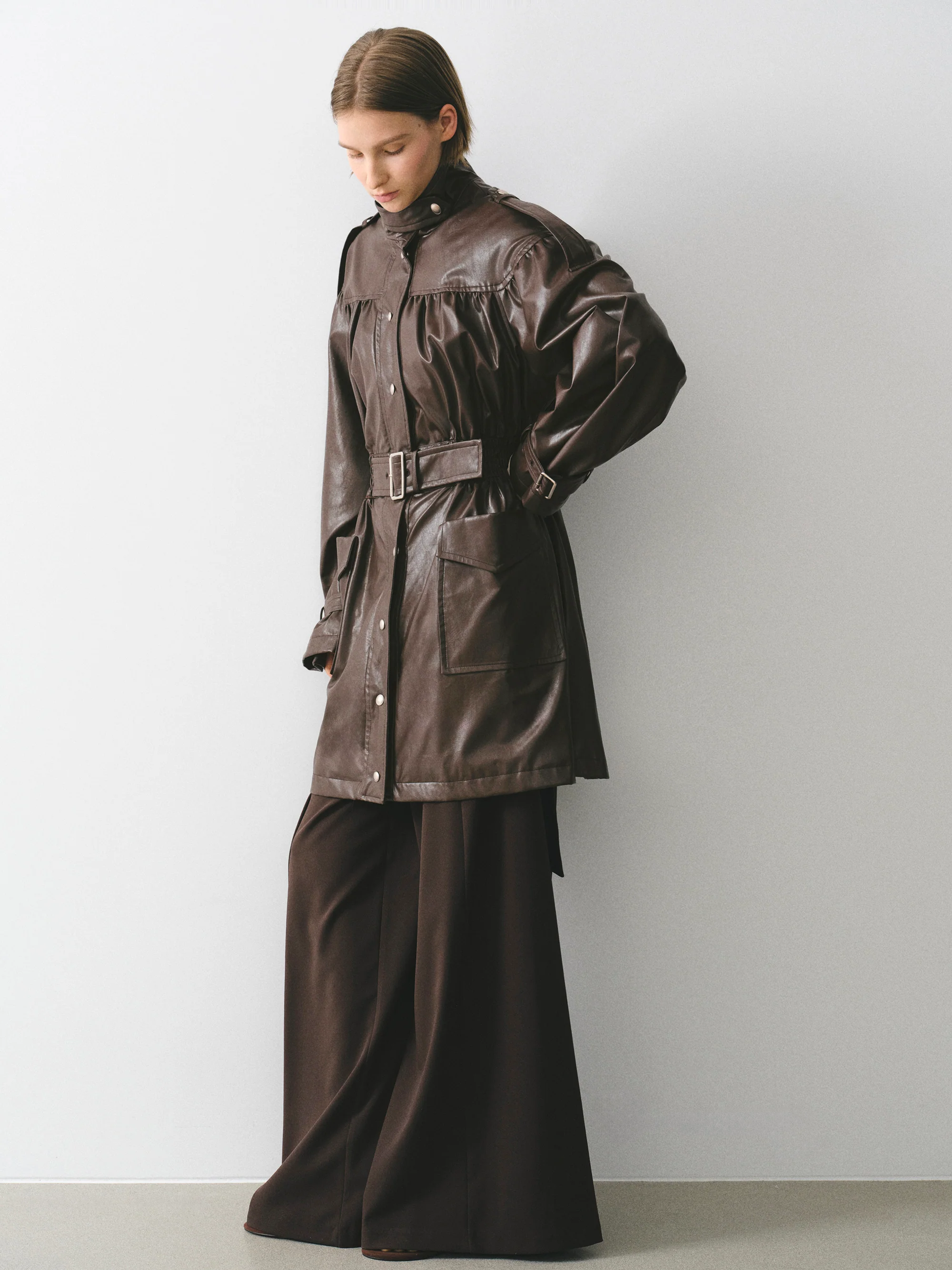 Kinsley Belted Faux-Leather Utility Jacket, Brown - Image 2