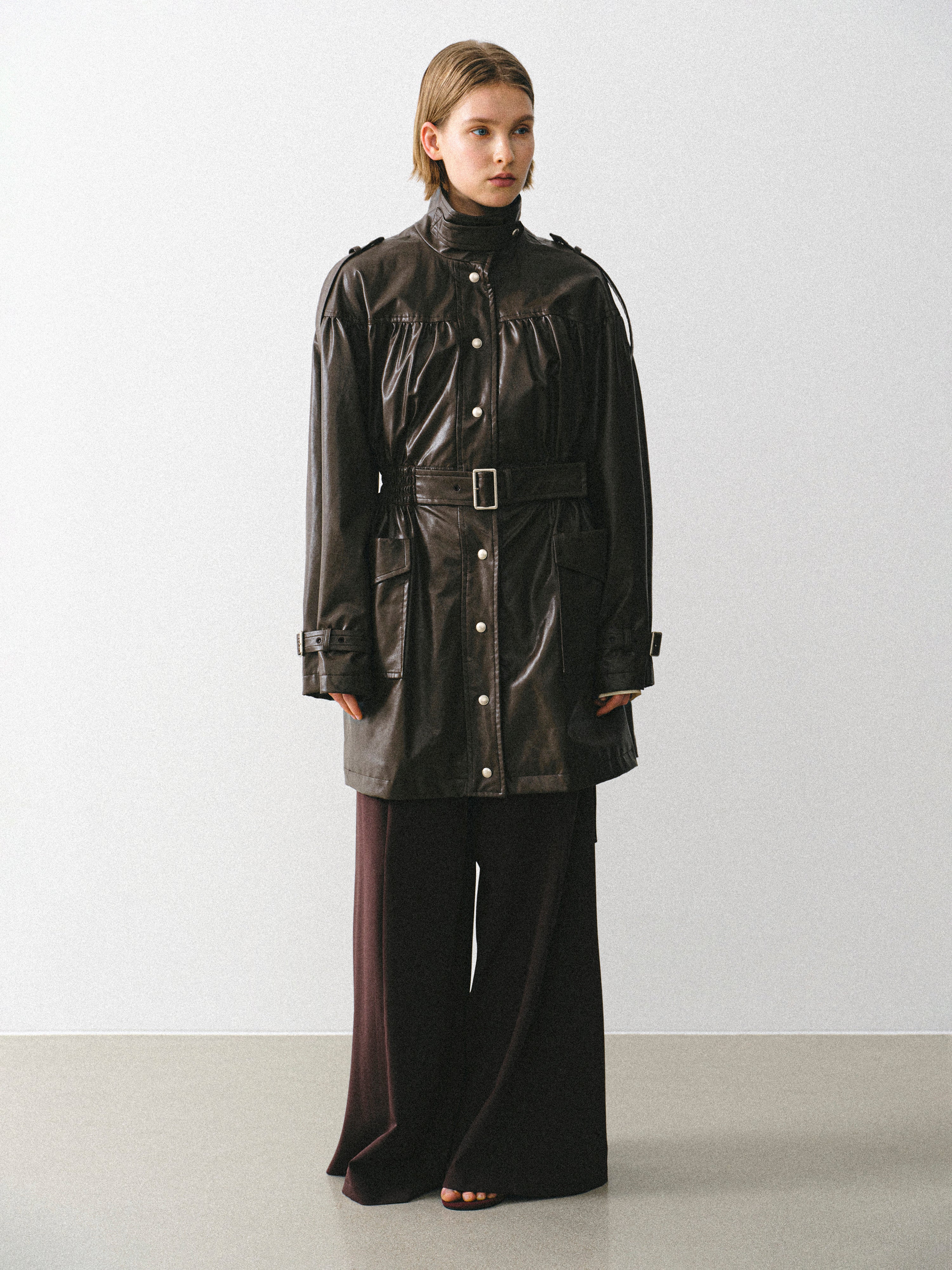 Kinsley Belted Faux-Leather Utility Jacket, Brown - Image 3