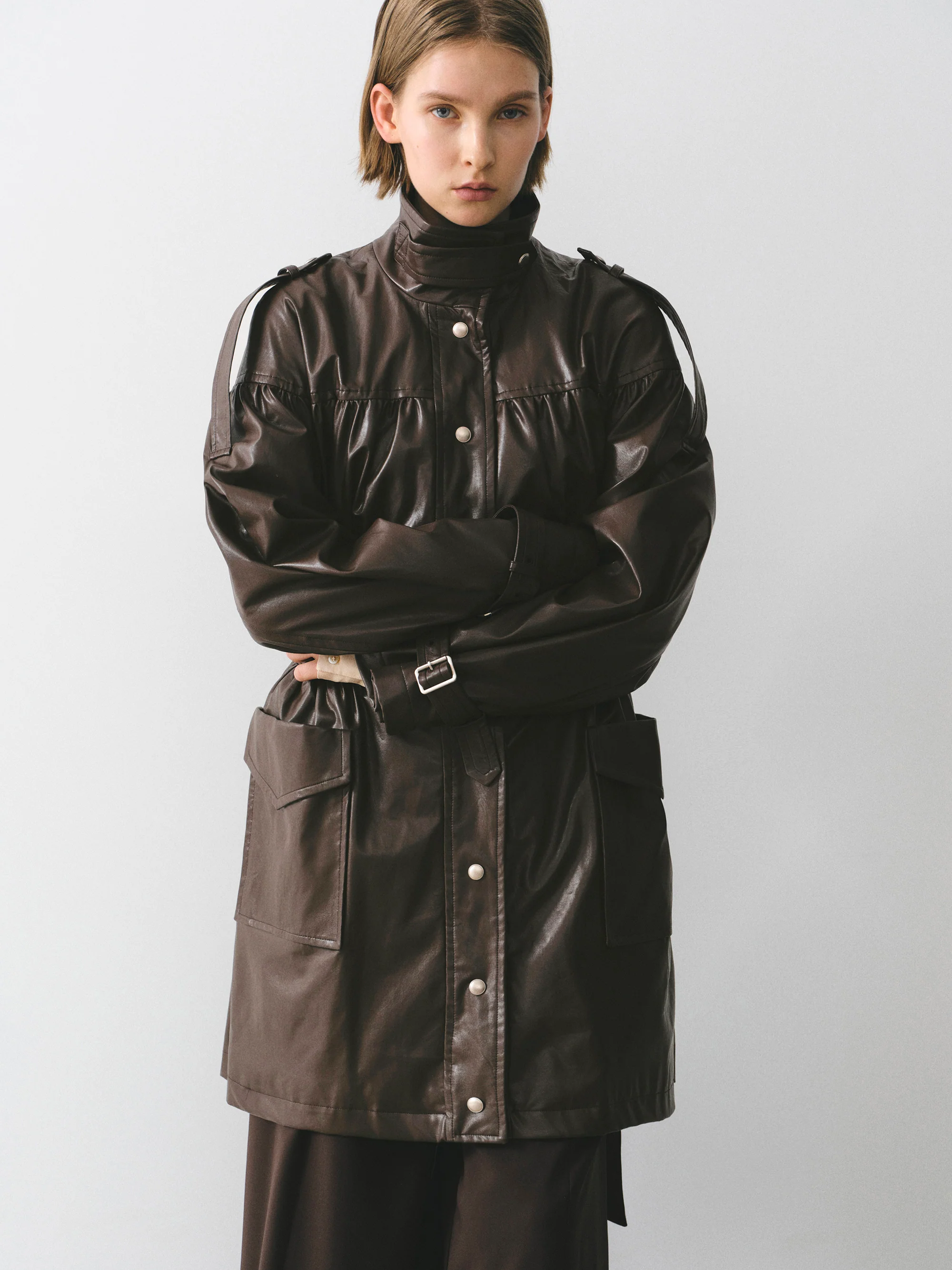 Kinsley Belted Faux-Leather Utility Jacket, Brown - Image 4