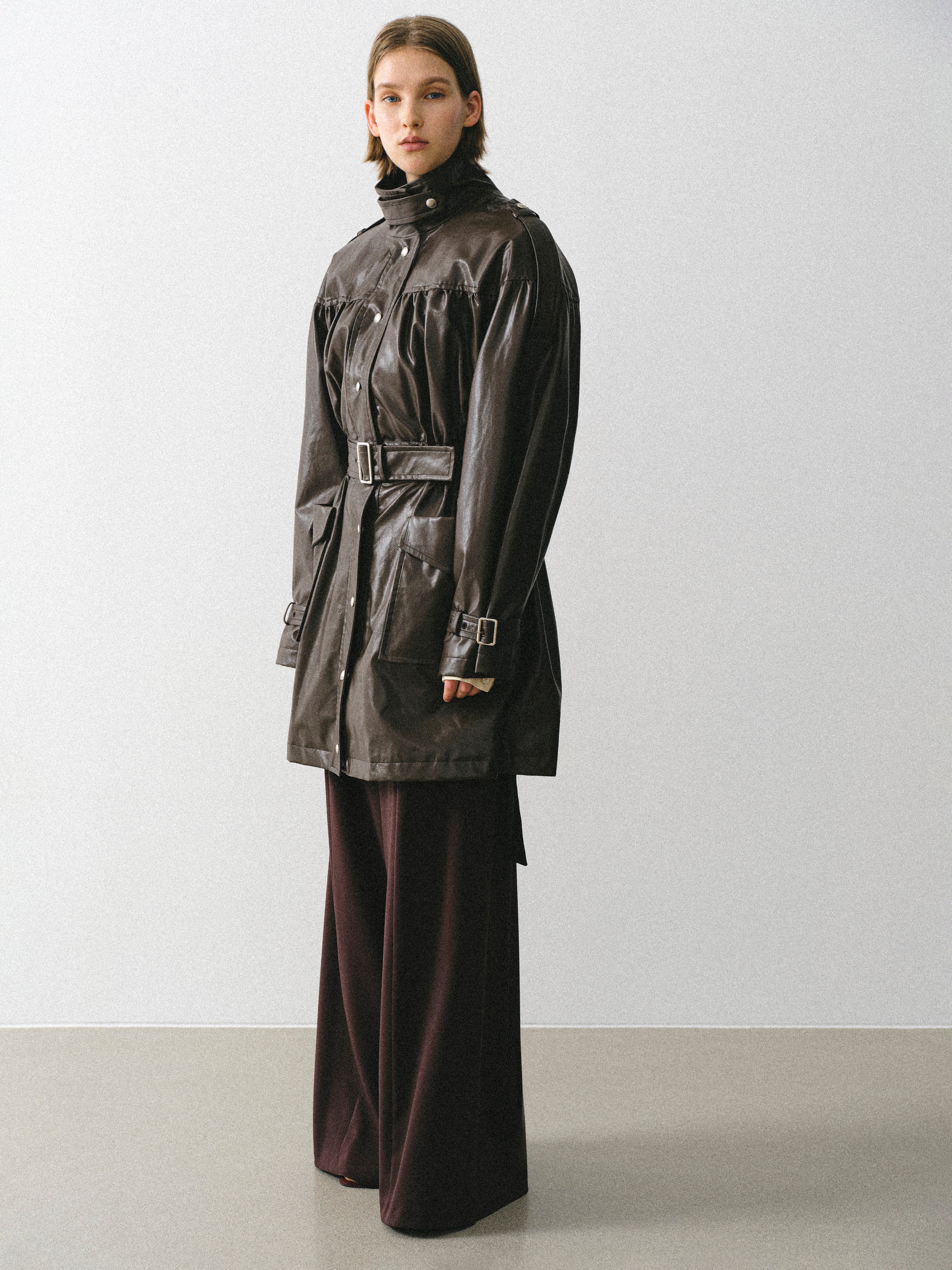 Kinsley Belted Faux-Leather Utility Jacket, Brown - Image 5