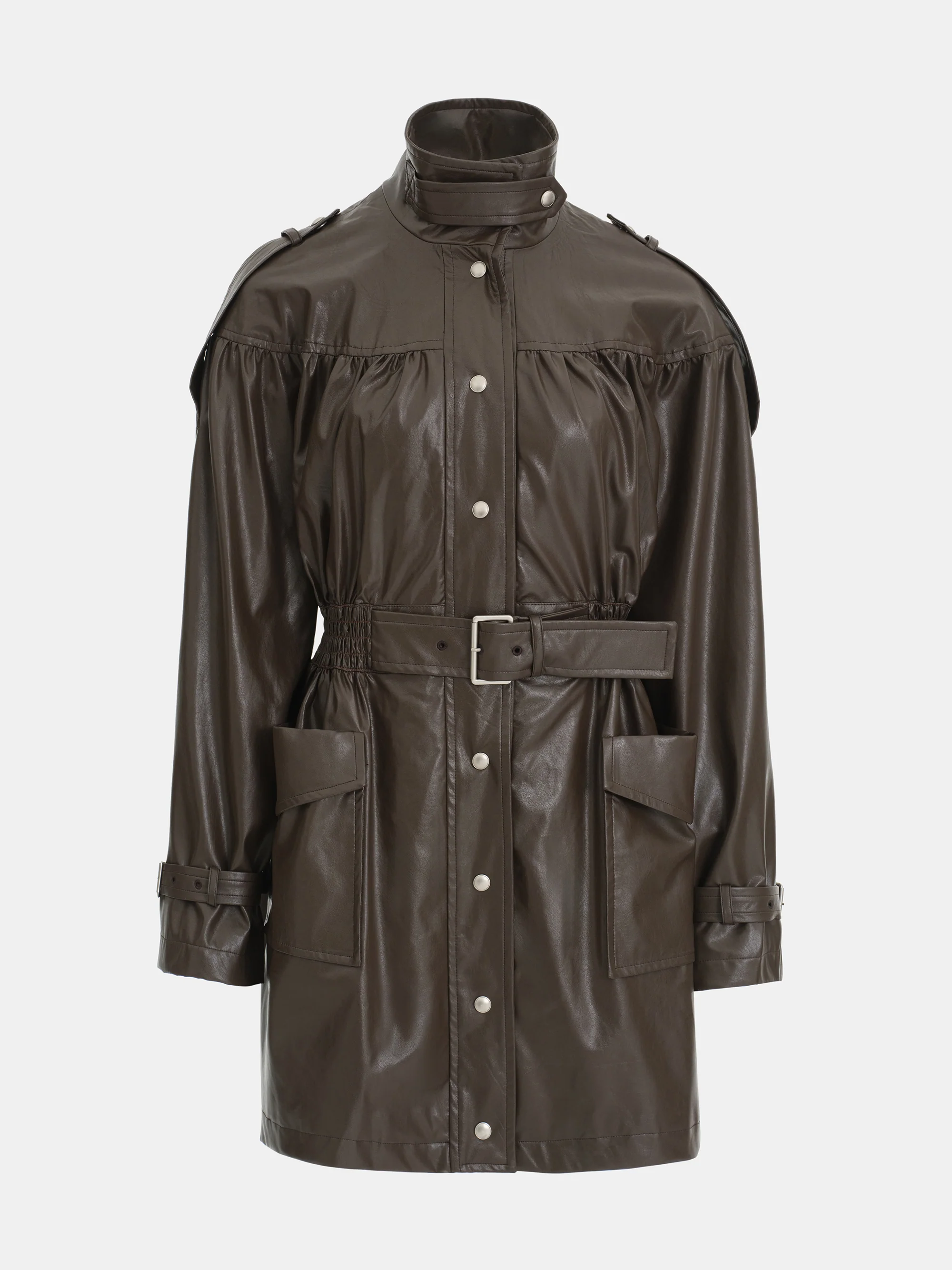 Kinsley Belted Faux-Leather Utility Jacket, Brown - Image 7