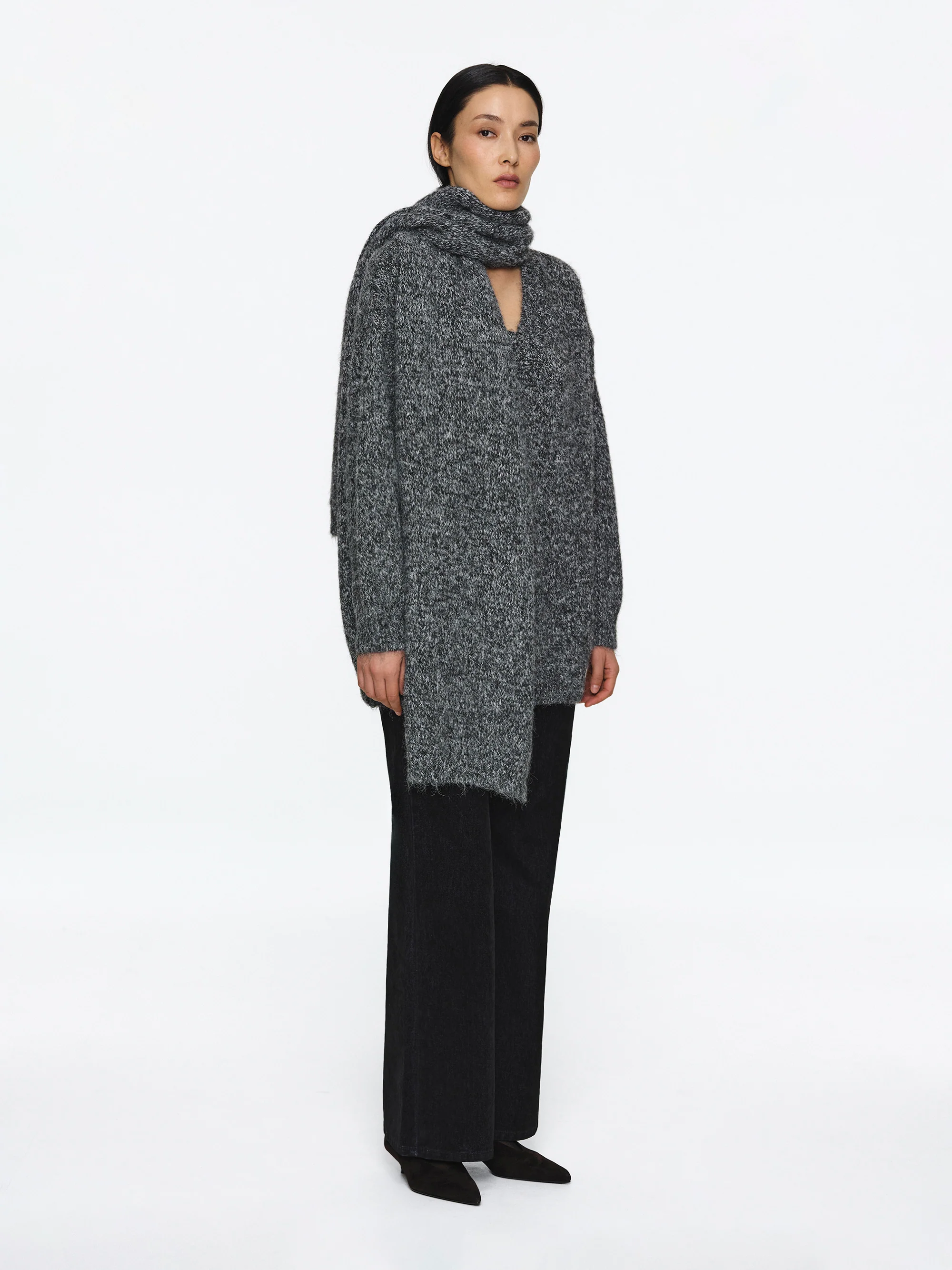 Melange Scarf V-Neck Pullover, Grey
