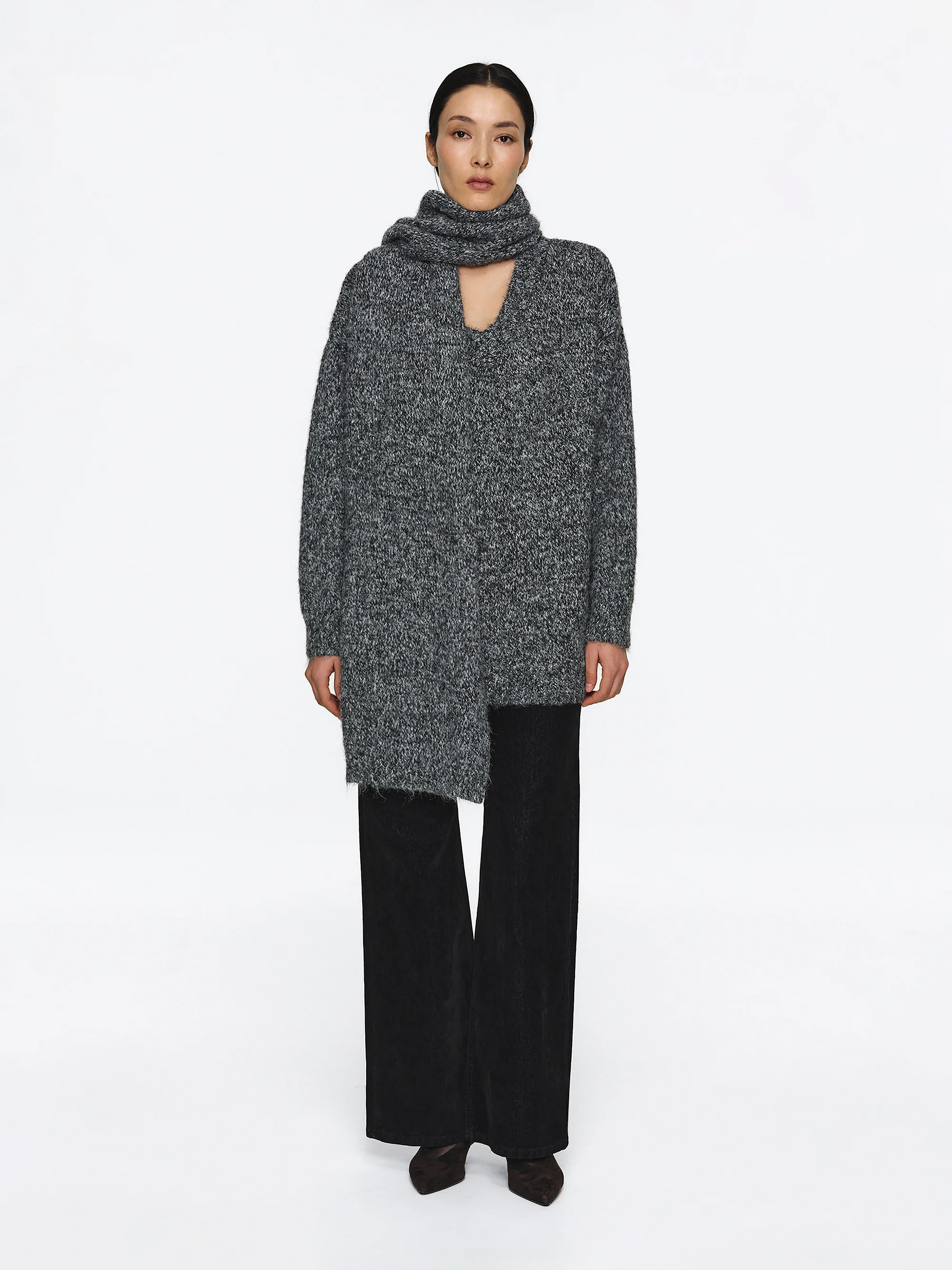 Melange Scarf V-Neck Pullover, Grey - Image 2