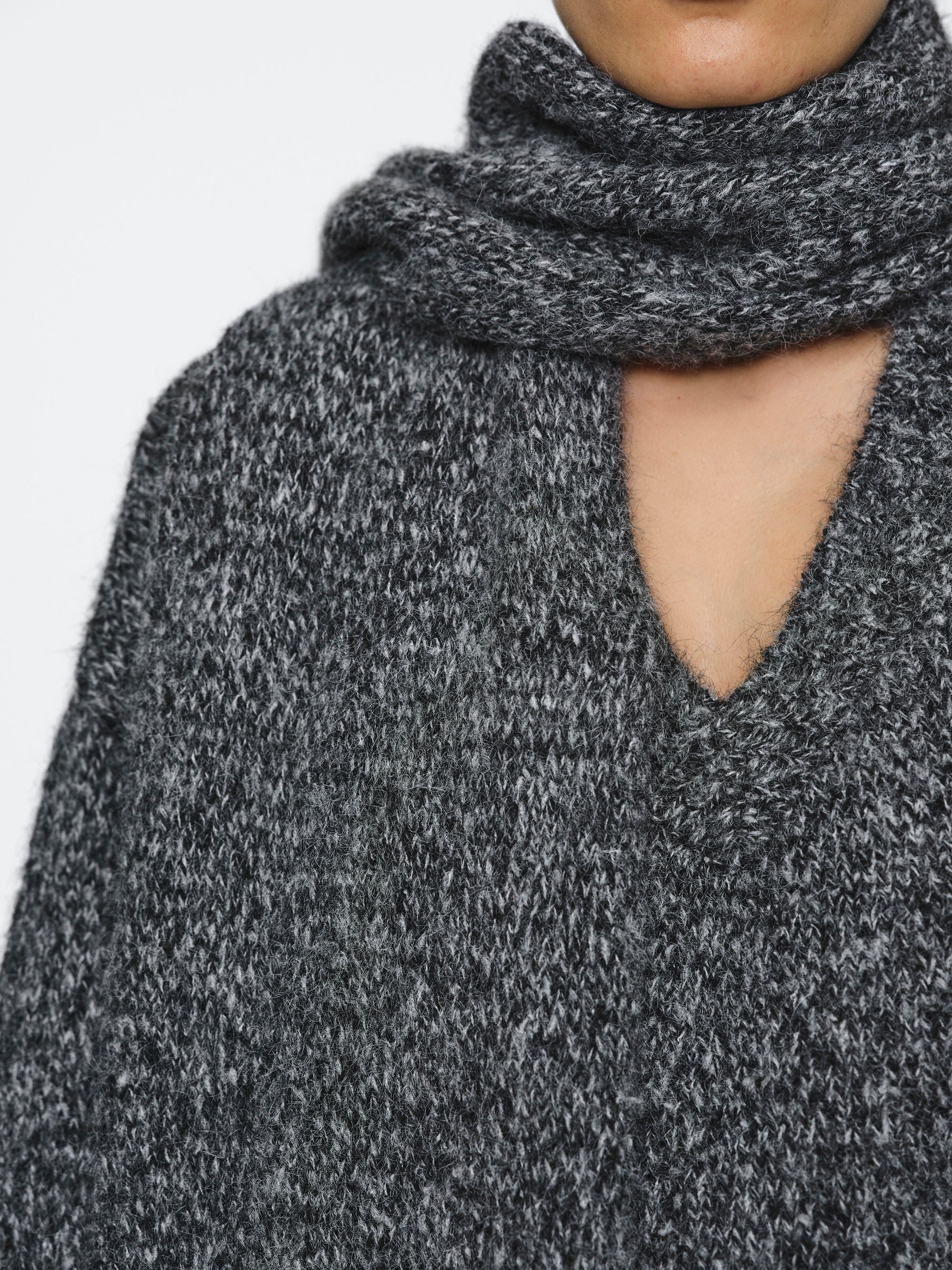 Melange Scarf V-Neck Pullover, Grey - Image 3