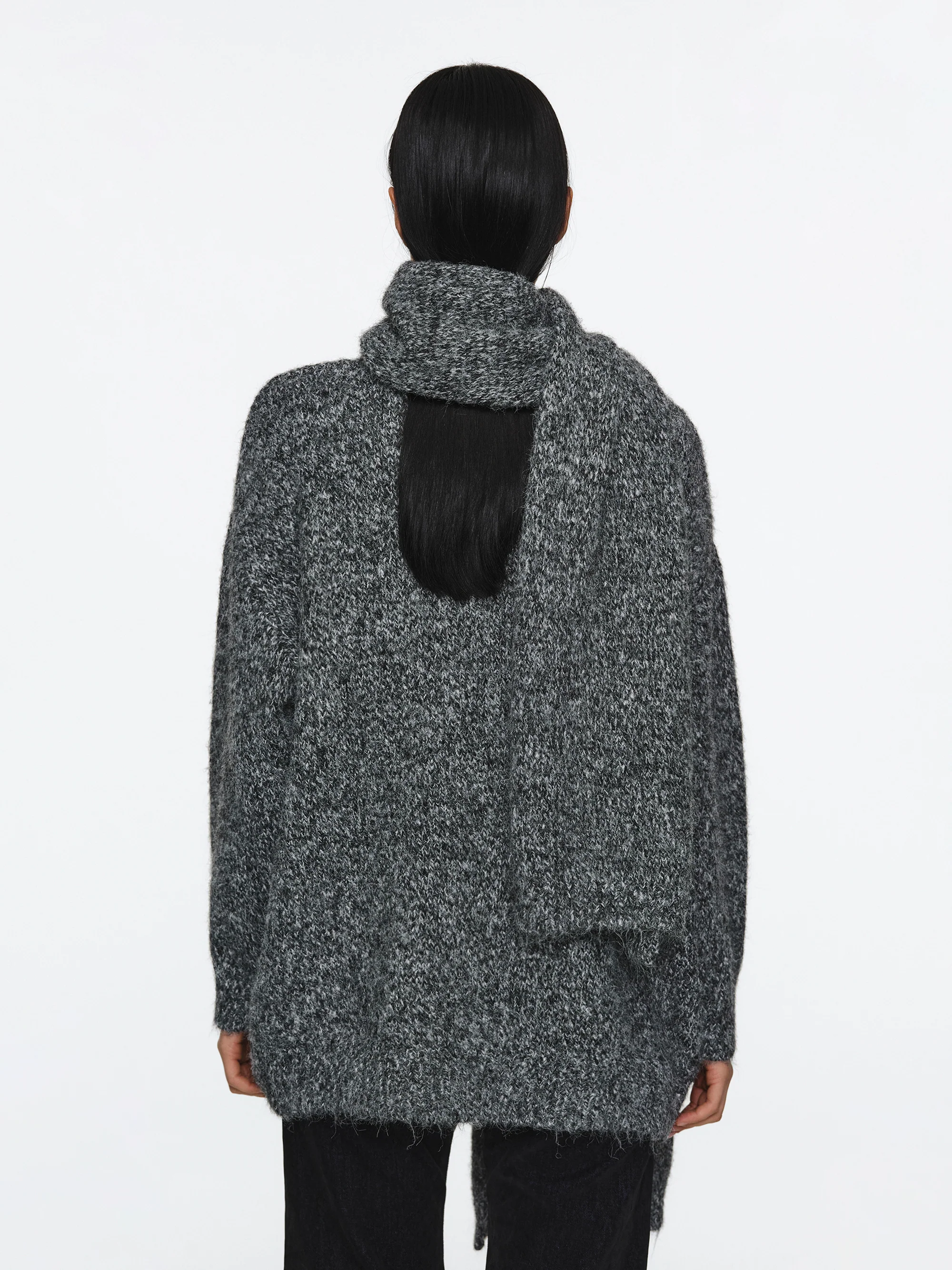 Melange Scarf V-Neck Pullover, Grey - Image 4