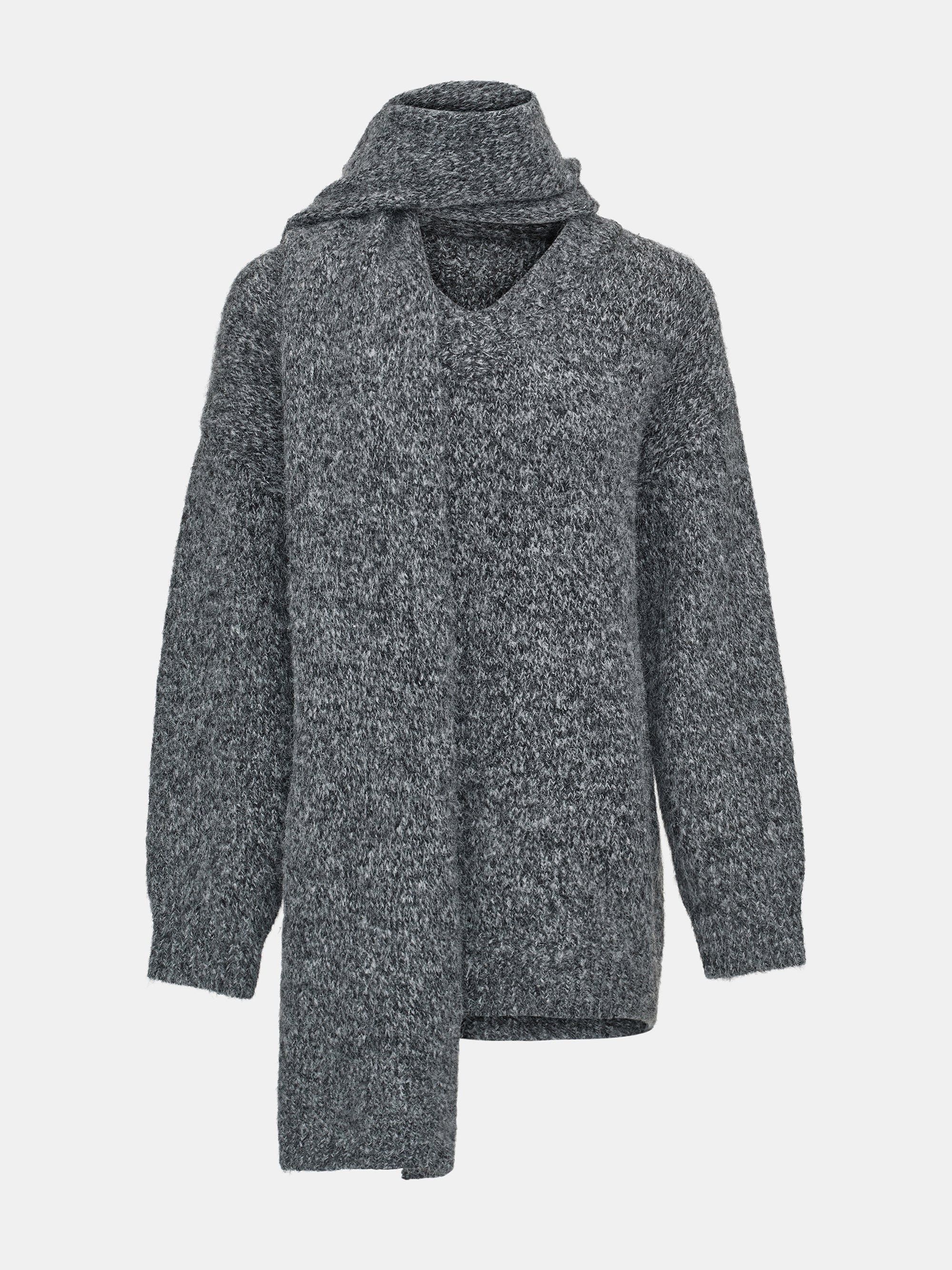 Melange Scarf V-Neck Pullover, Grey - Image 5