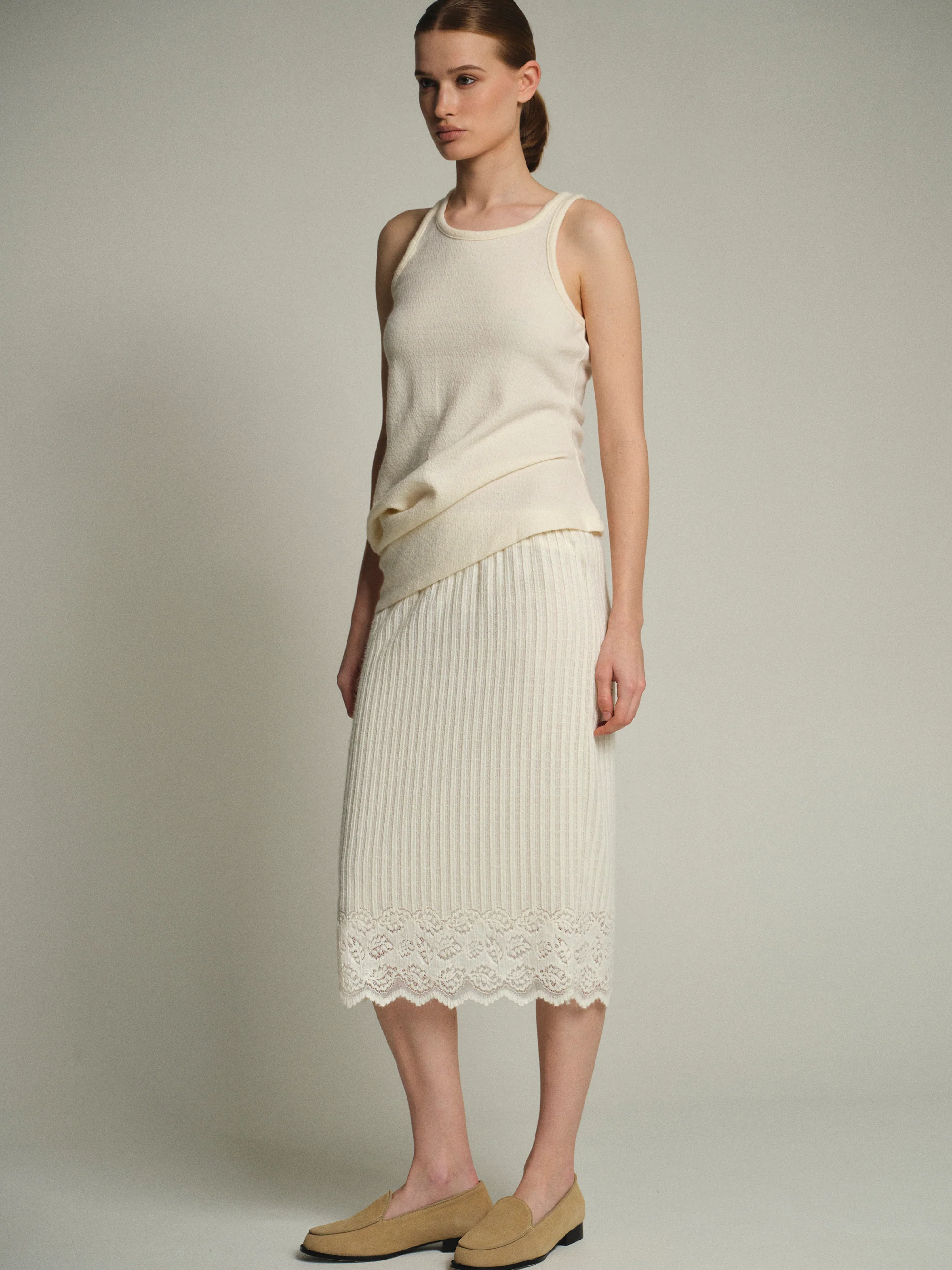 Lace-Detail Knit Skirt, Cream - Image 3