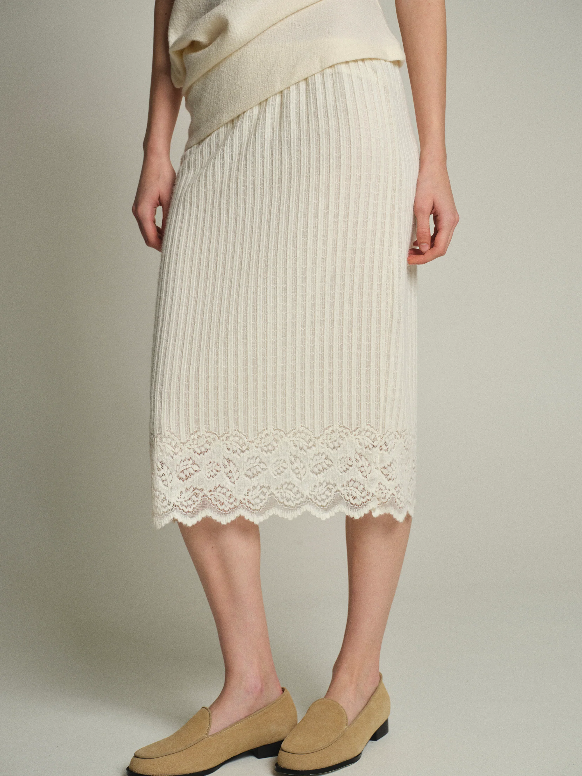 Lace-Detail Knit Skirt, Cream - Image 4