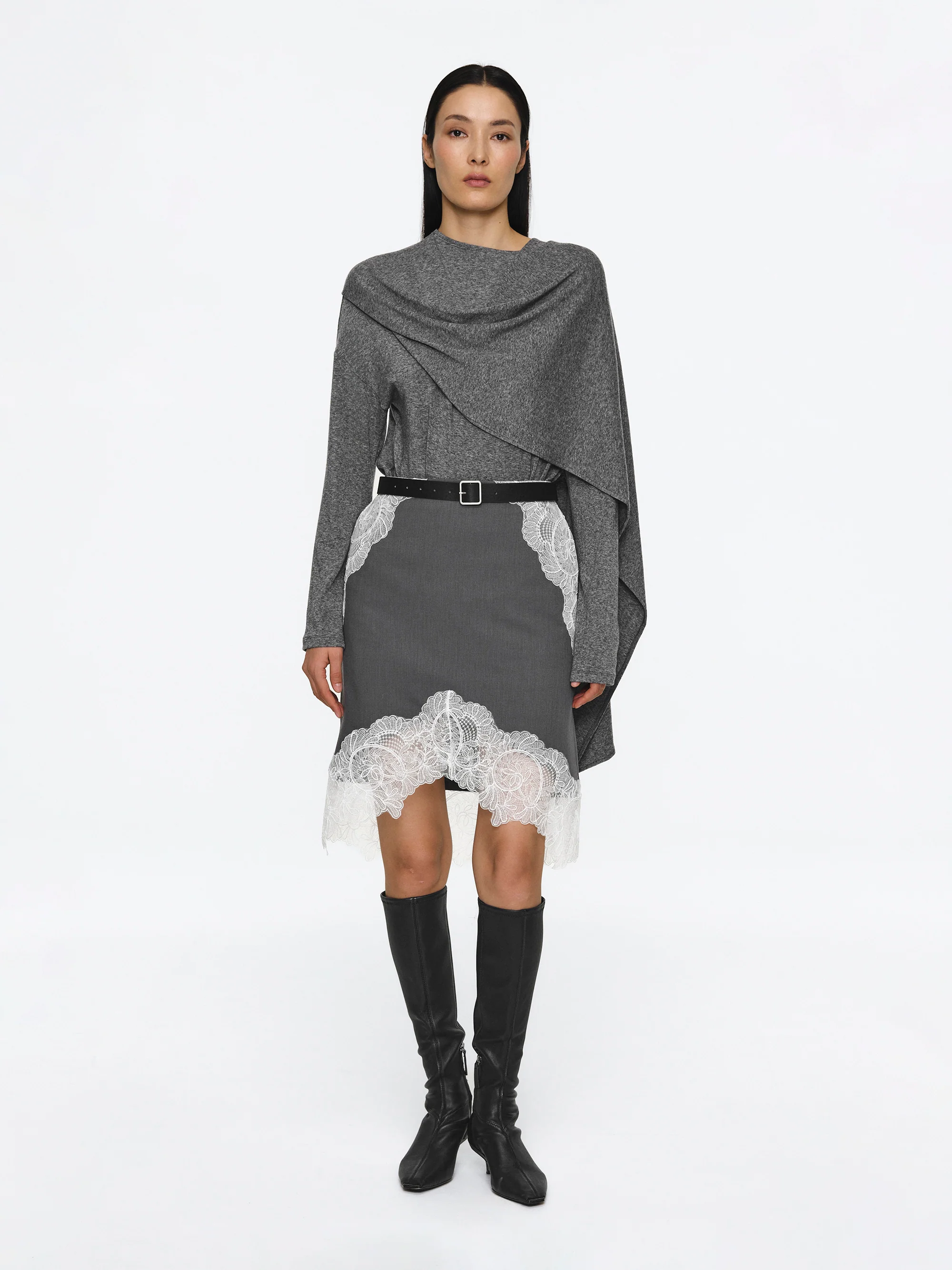 Lace-Panel Belted Skirt, Grey