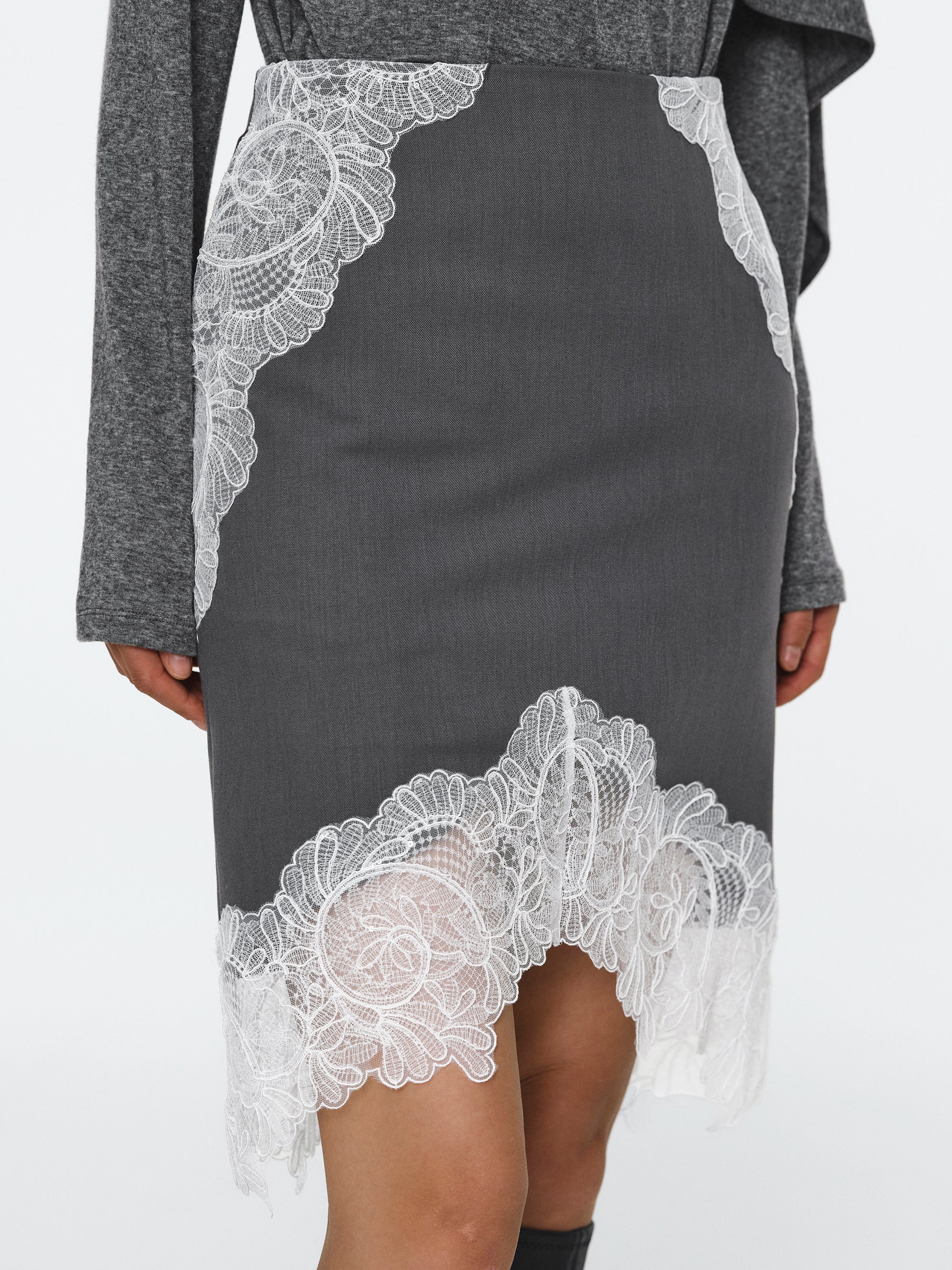 Lace-Panel Belted Skirt, Grey - Image 2