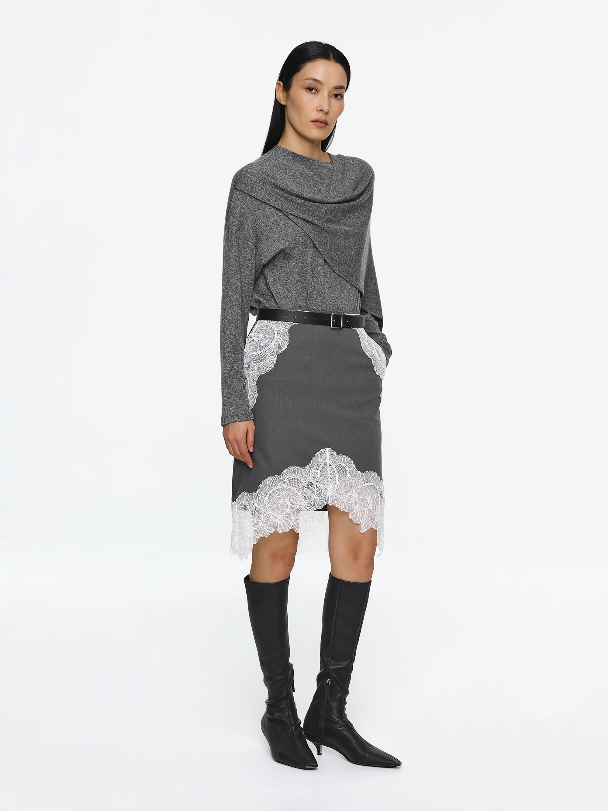 Lace-Panel Belted Skirt, Grey - Image 3