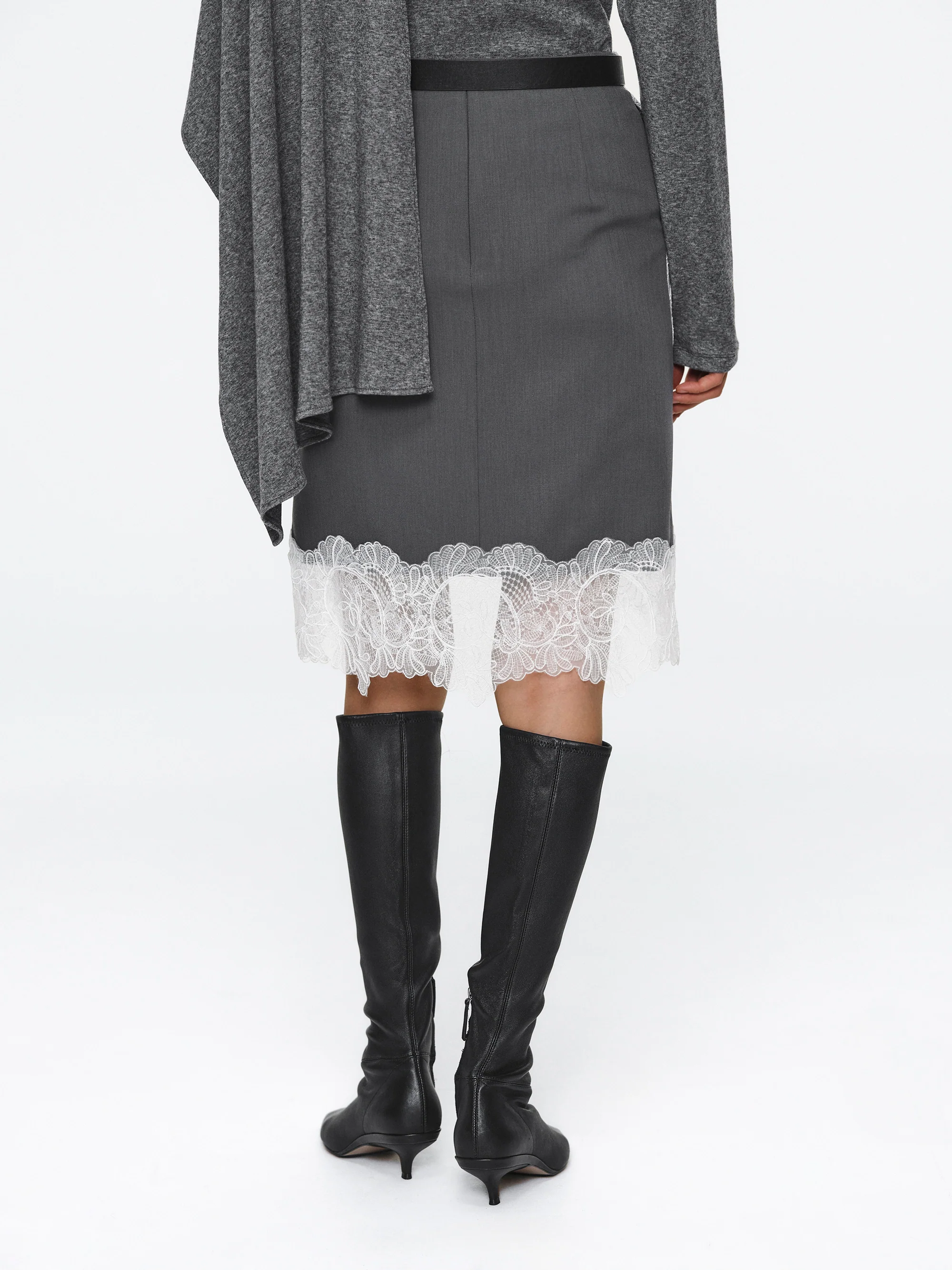 Lace-Panel Belted Skirt, Grey - Image 4