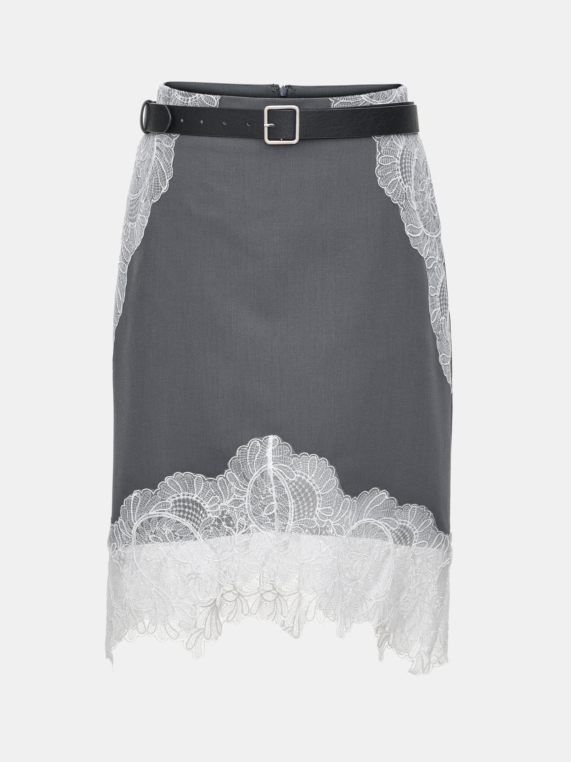 Lace-Panel Belted Skirt, Grey - Image 5