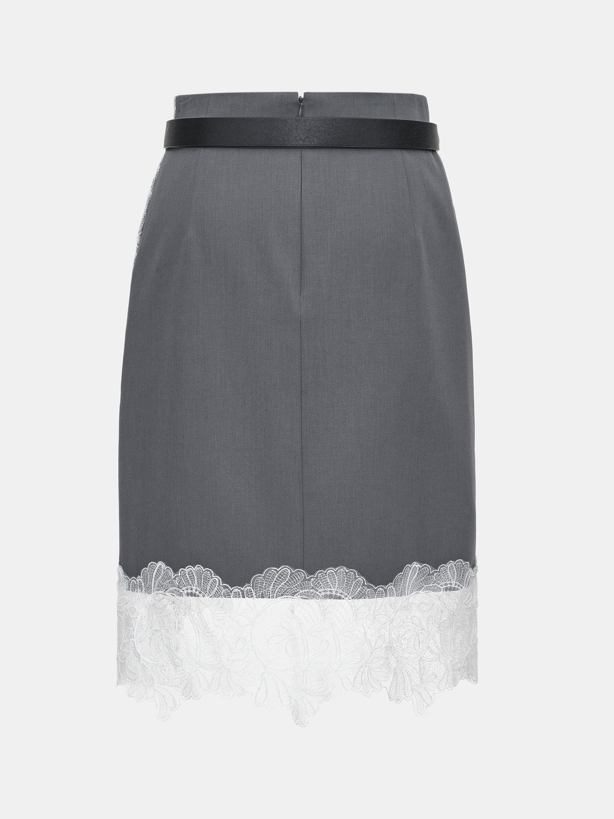 Lace-Panel Belted Skirt, Grey - Image 6
