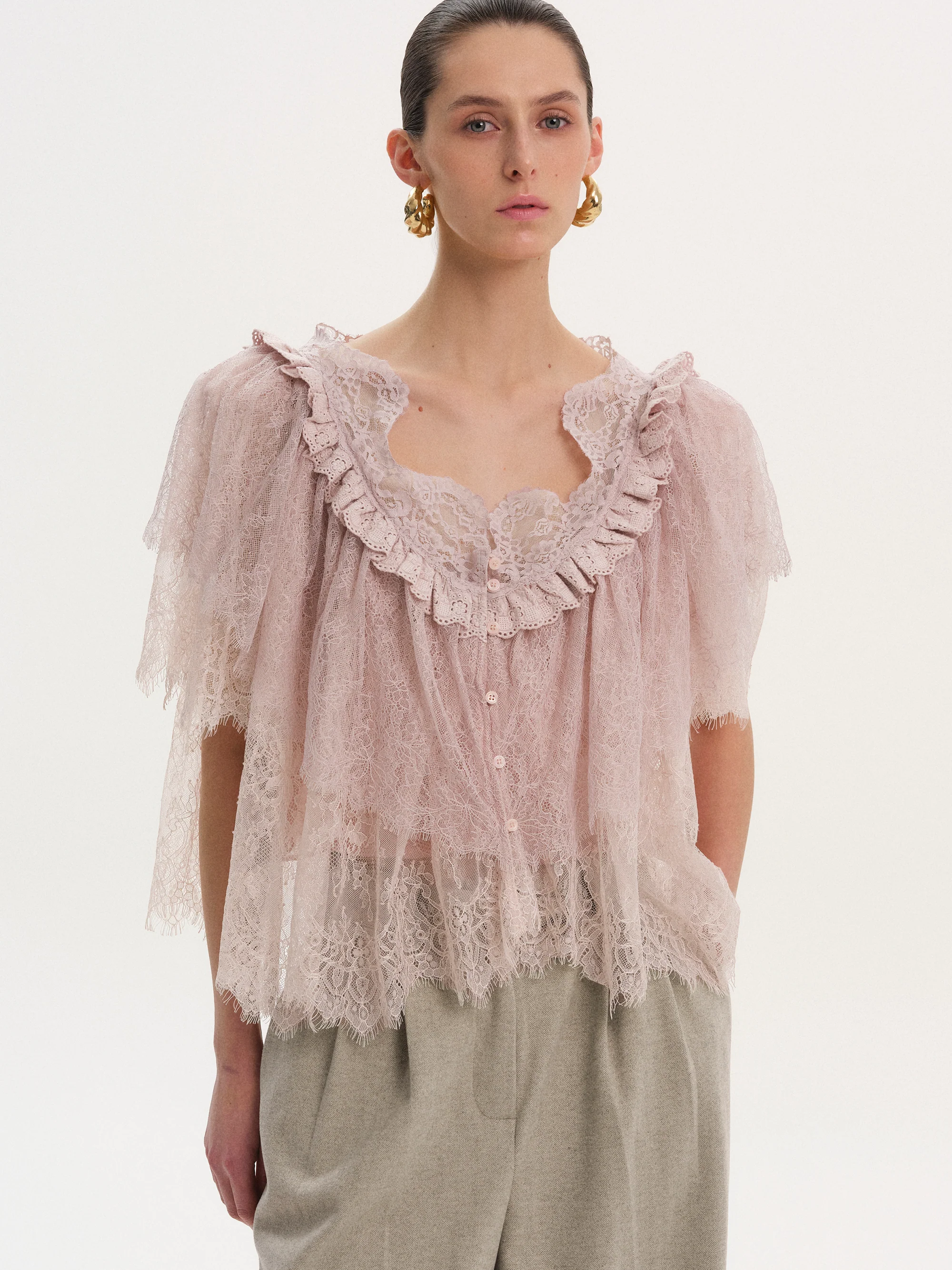 Lace Tiered Blouse, Pink