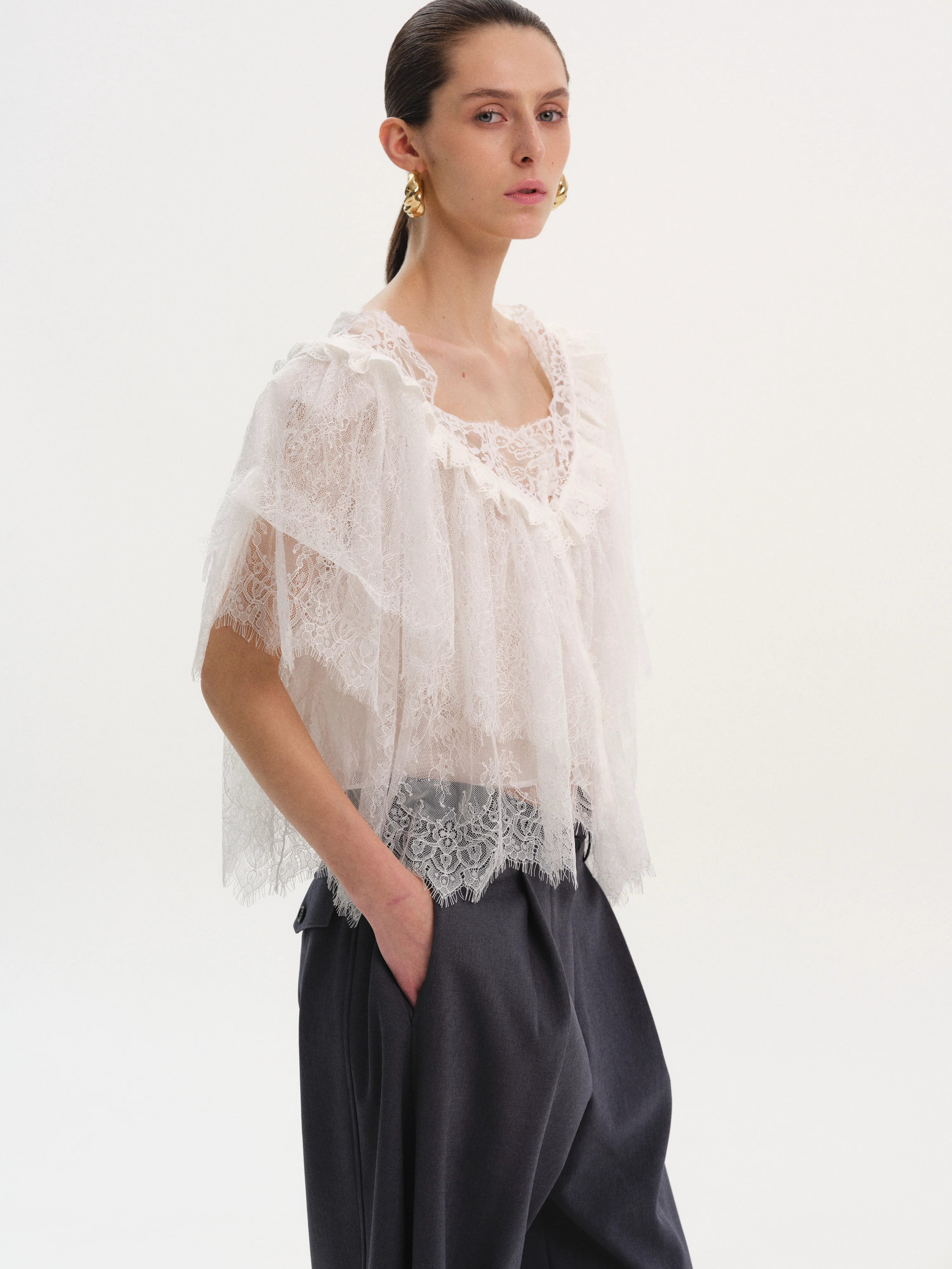 Lace Tiered Blouse, White - Image 3