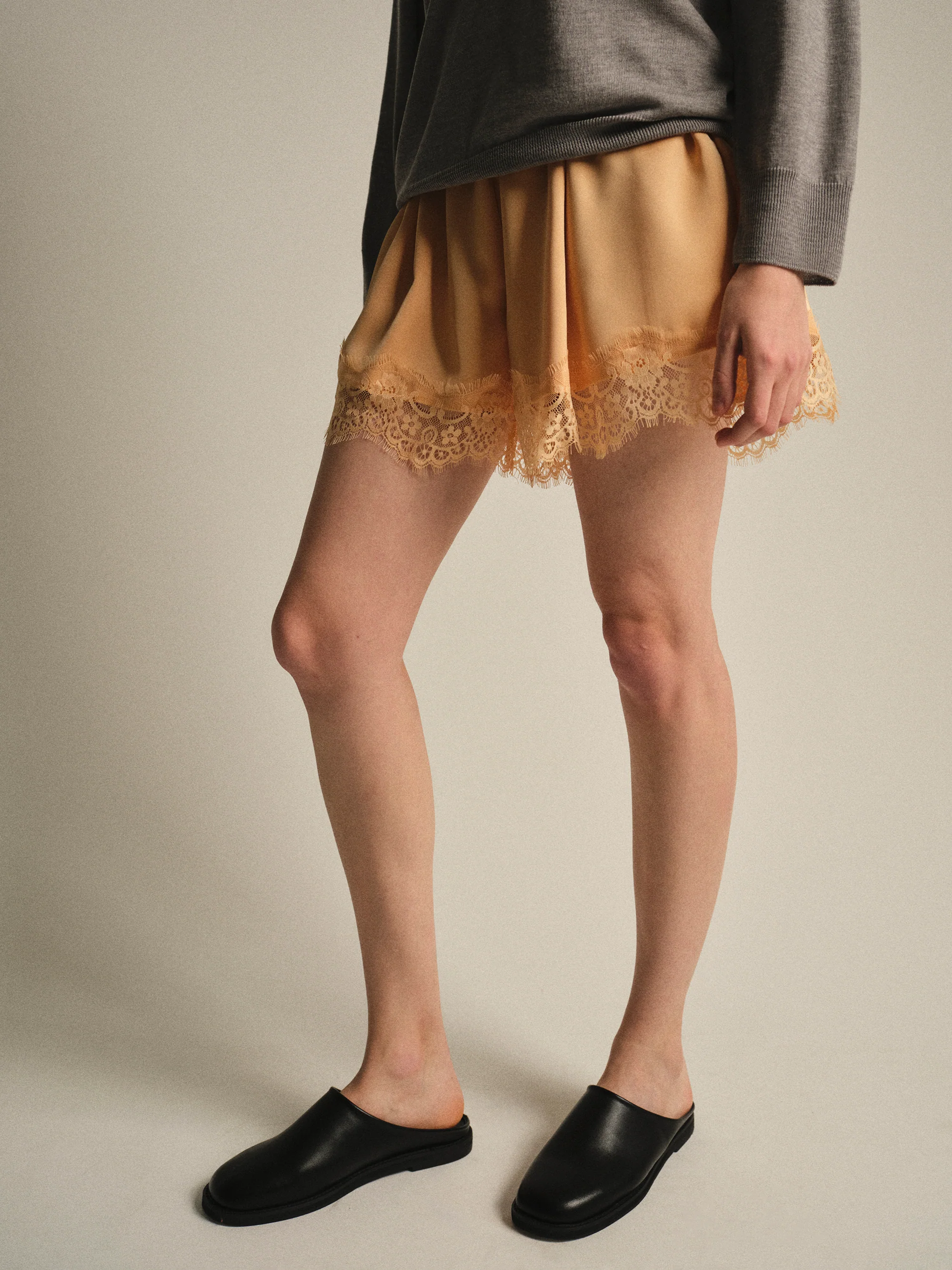 Lace-Trimmed Satin Shorts, Orange