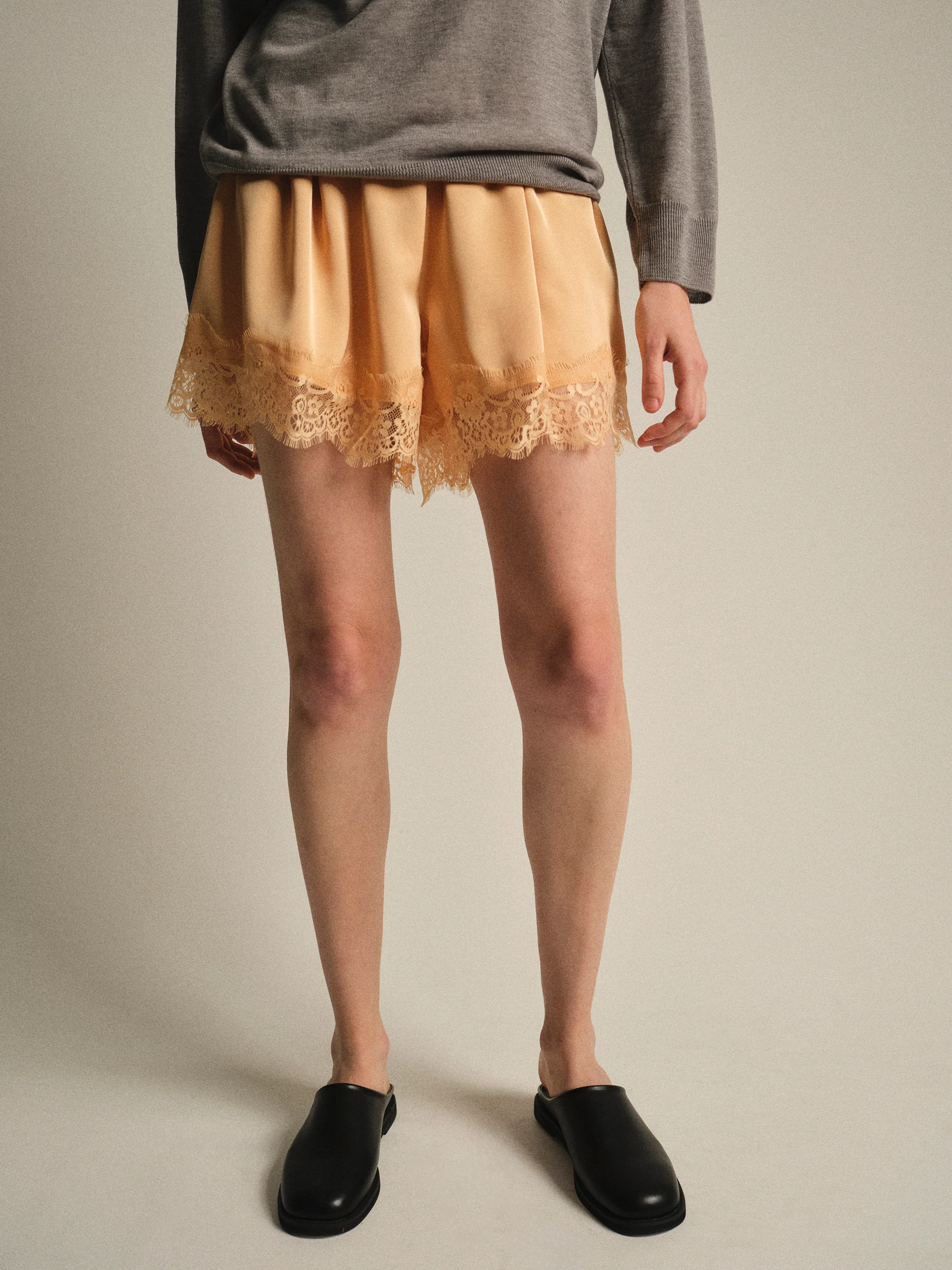 Lace-Trimmed Satin Shorts, Orange - Image 3