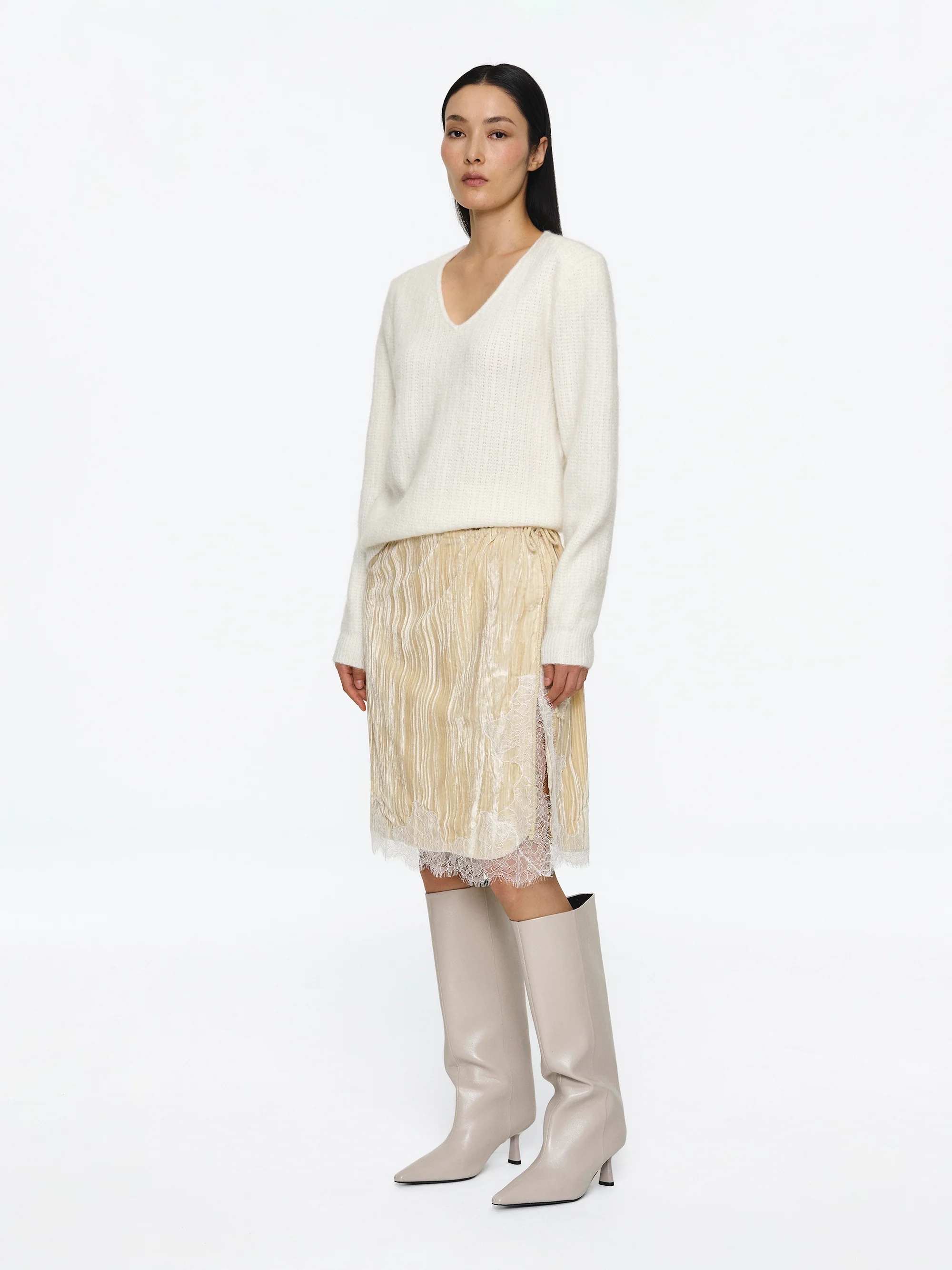 Lace-Trimmed Velvet Skirt, Beige - Image 2