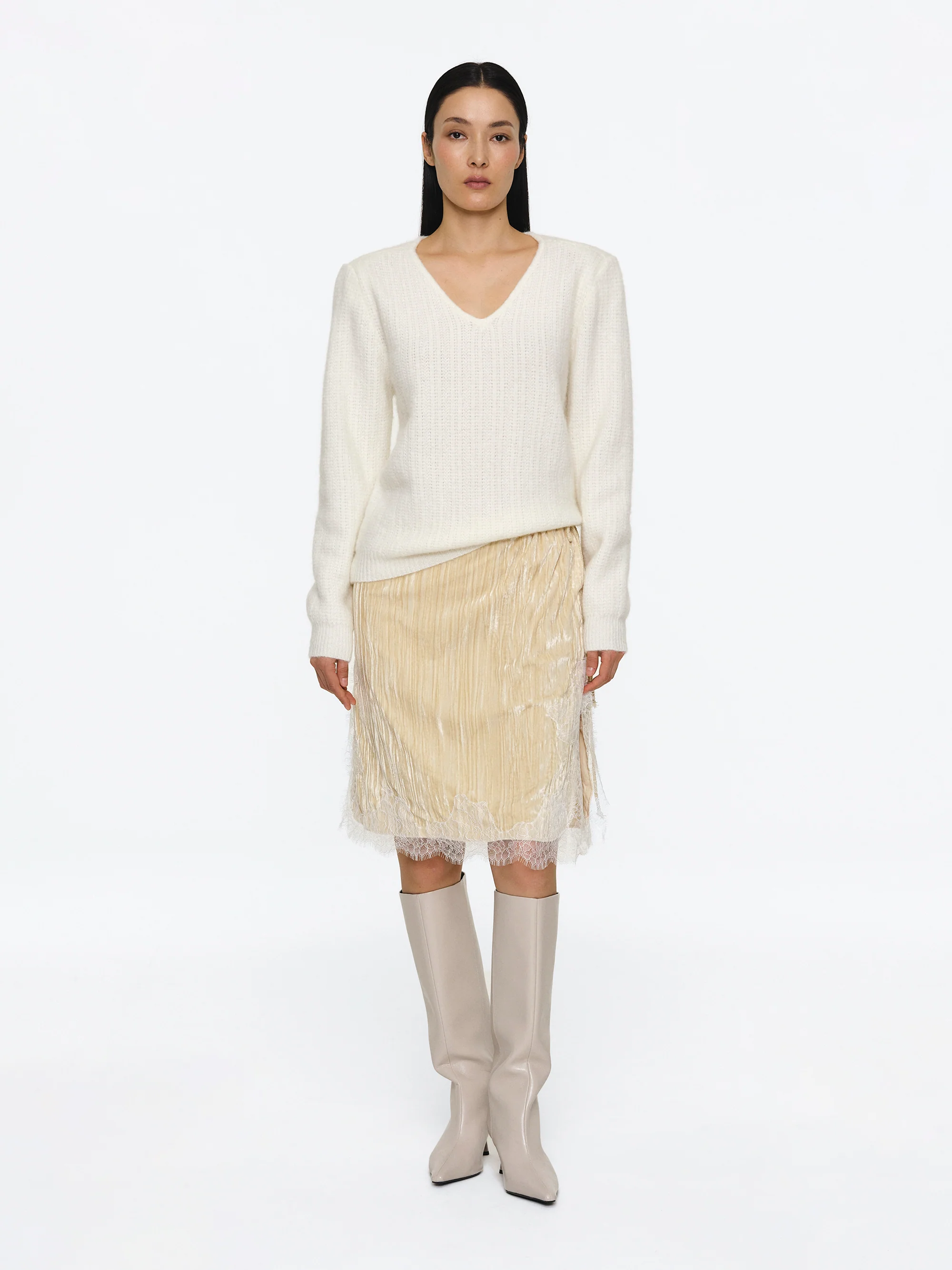 Lace-Trimmed Velvet Skirt, Beige - Image 3