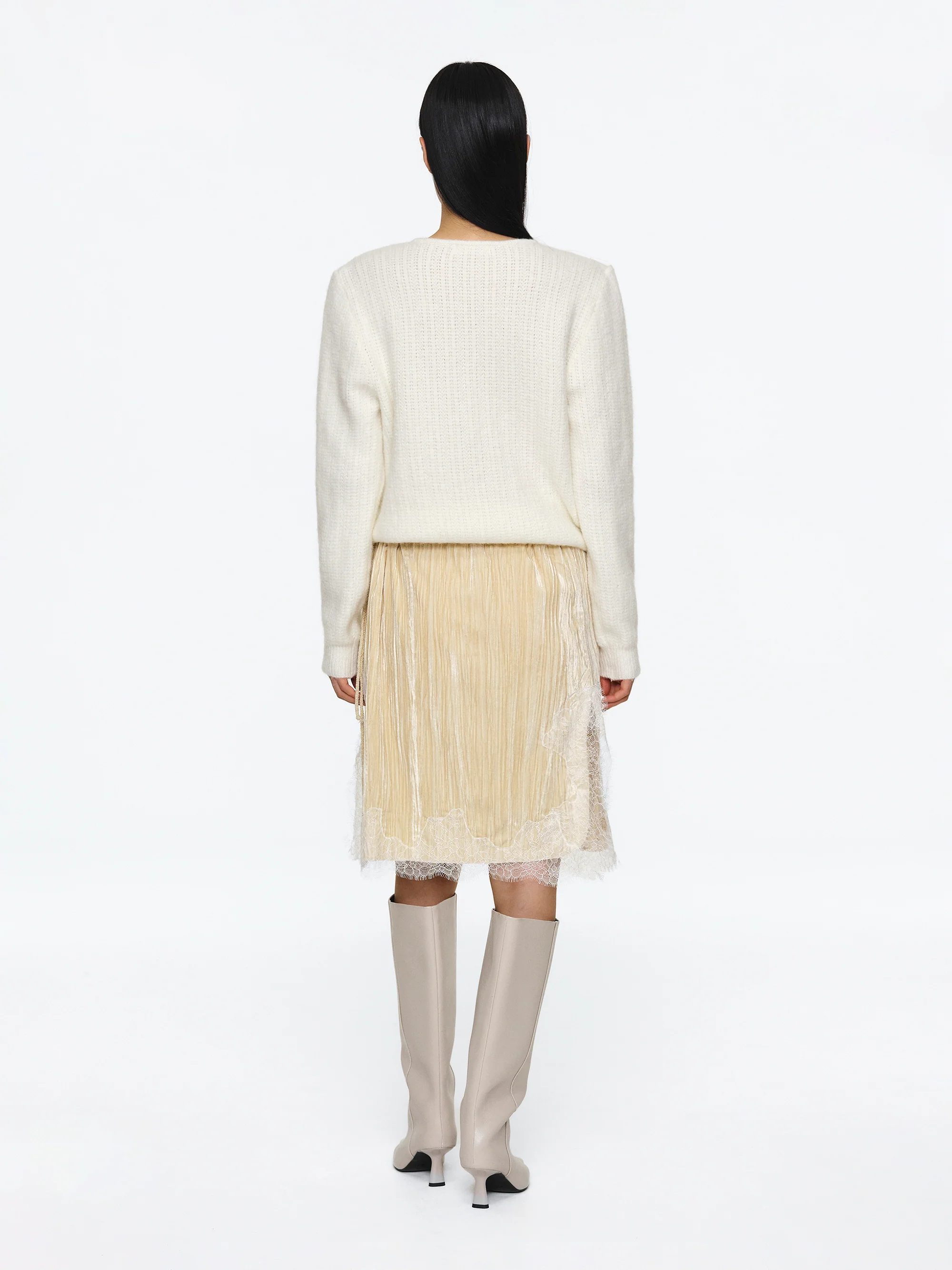 Lace-Trimmed Velvet Skirt, Beige - Image 4