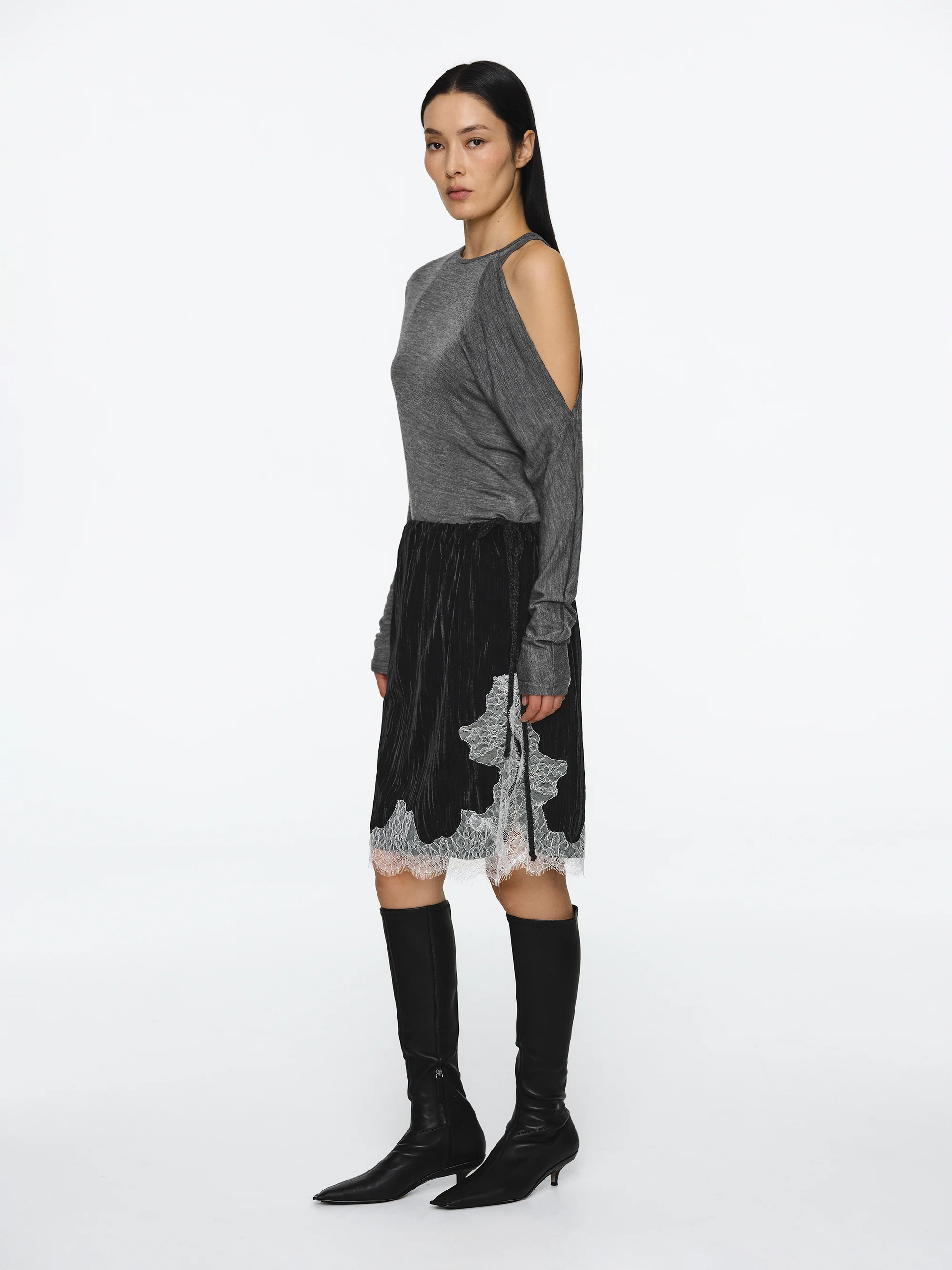 Lace-Trimmed Velvet Skirt, Black - Image 2
