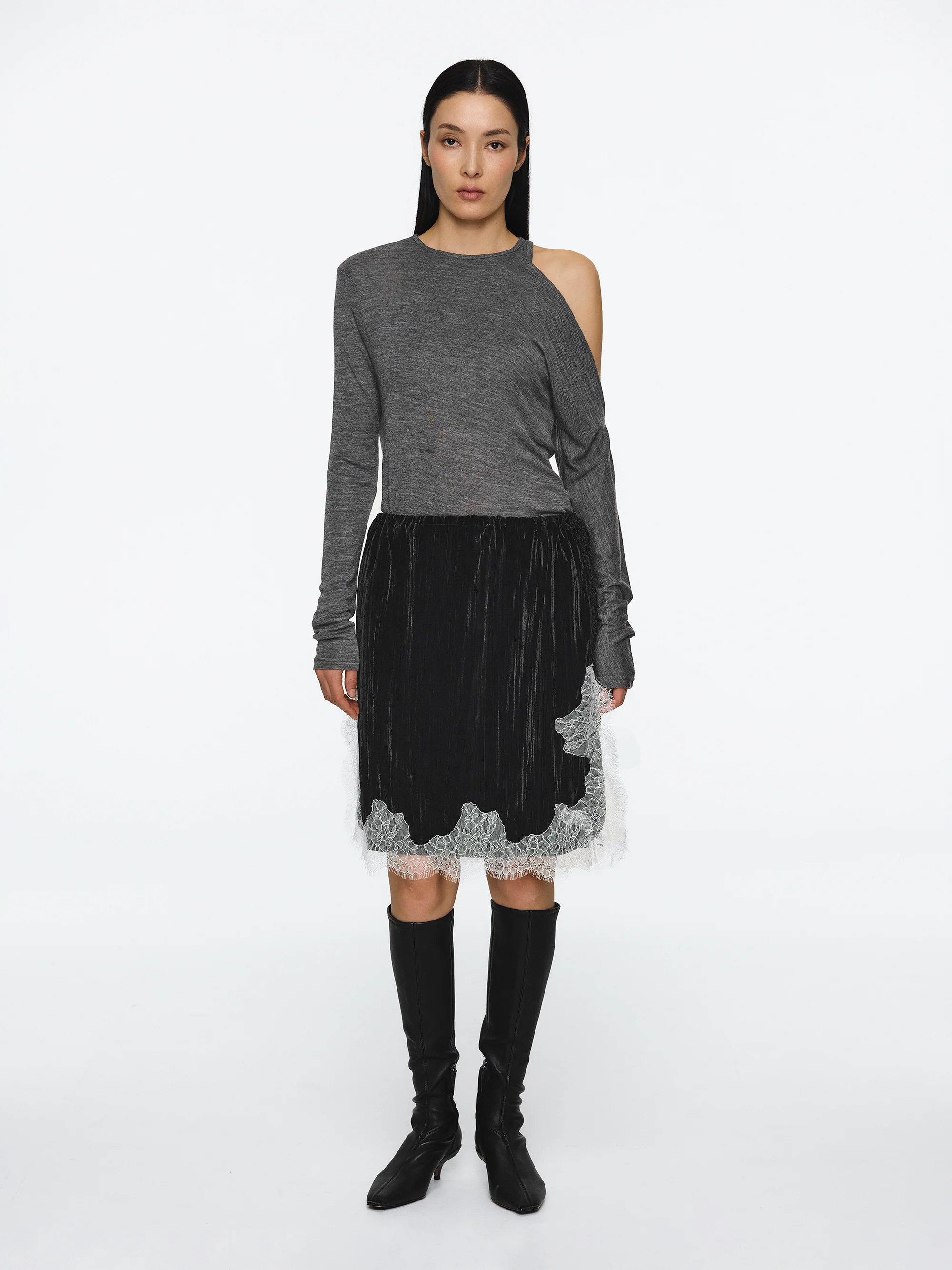 Lace-Trimmed Velvet Skirt, Black - Image 3