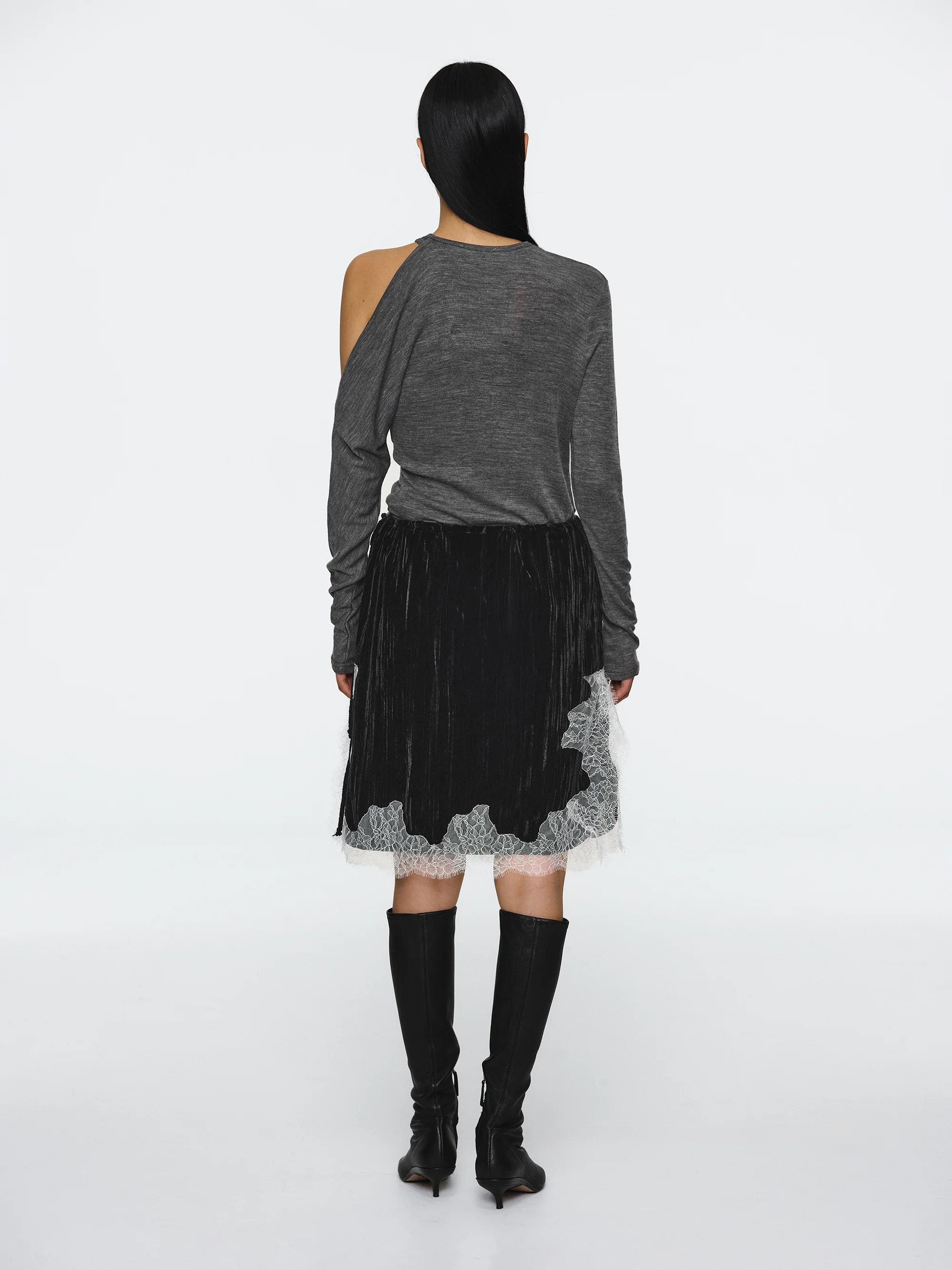 Lace-Trimmed Velvet Skirt, Black - Image 4