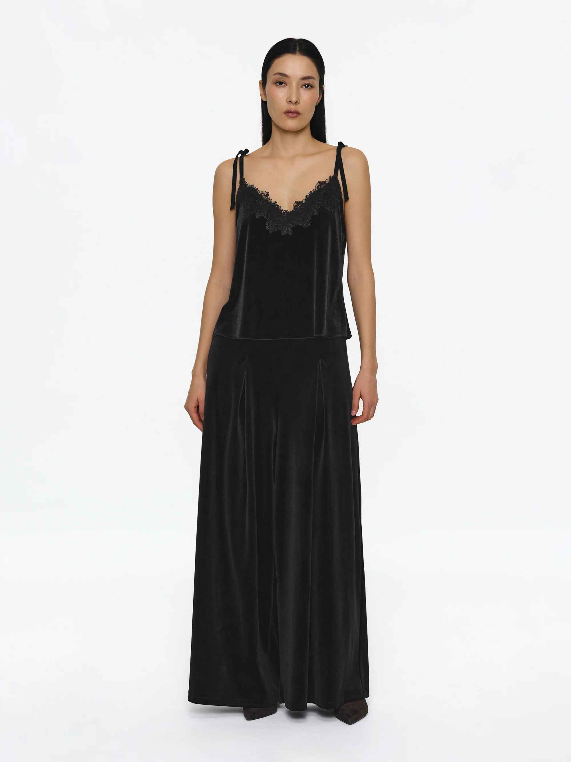 Lace-Trimmed Velvet Top, Black