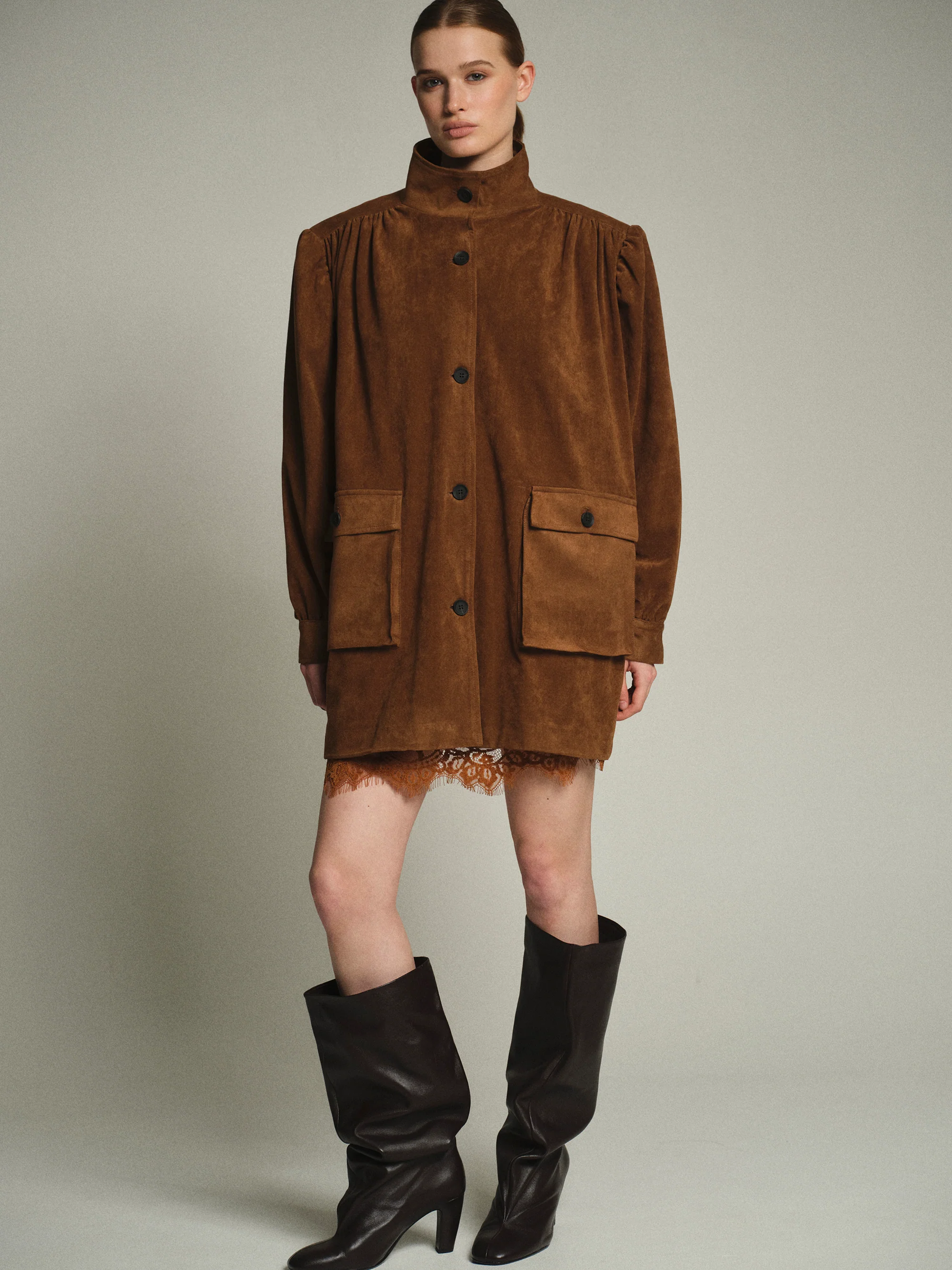 Lalisa Longline Ruched Suede Bomber, Burnt Umber