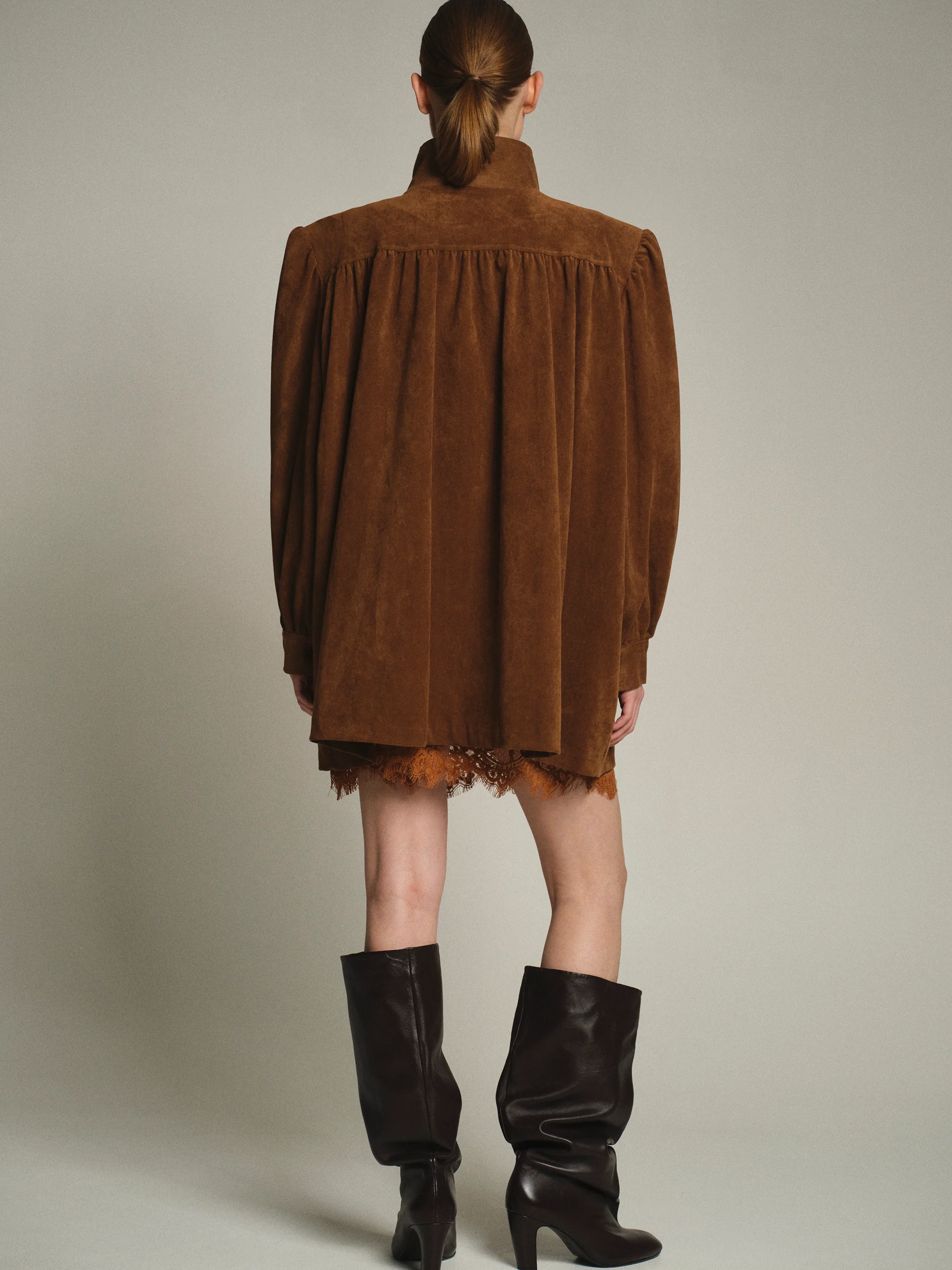 Lalisa Longline Ruched Suede Bomber, Burnt Umber - Image 2