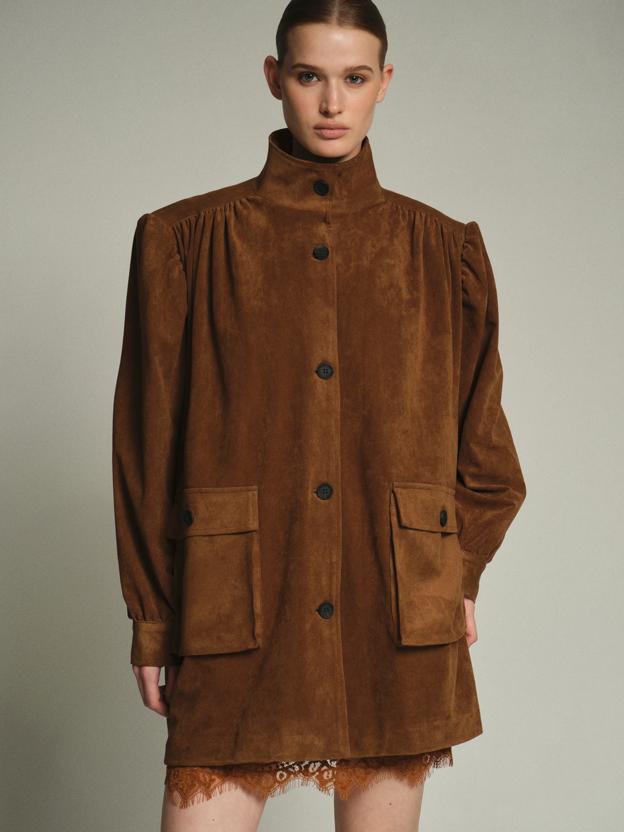 Lalisa Longline Ruched Suede Bomber, Burnt Umber - Image 3