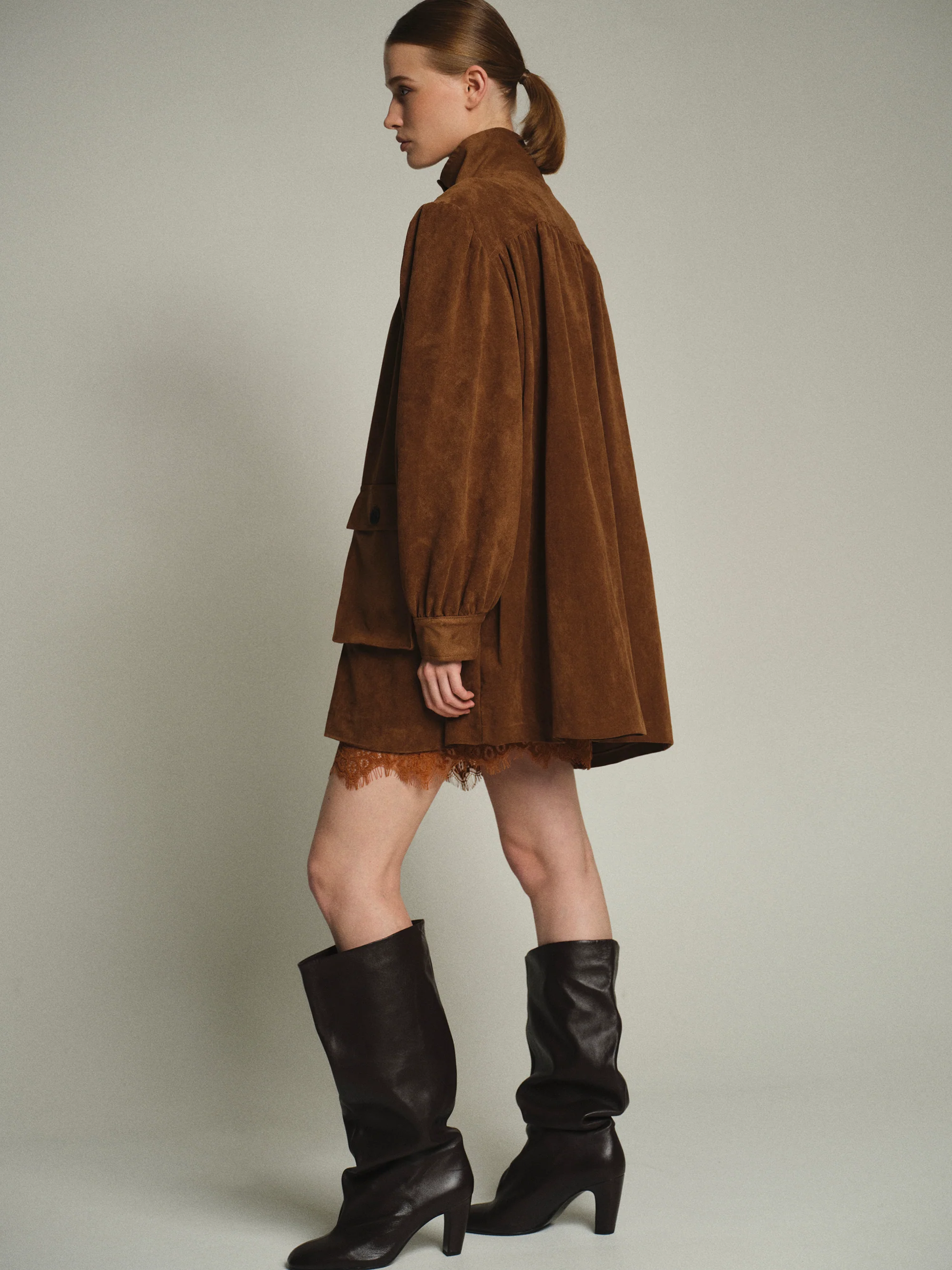 Lalisa Longline Ruched Suede Bomber, Burnt Umber - Image 4
