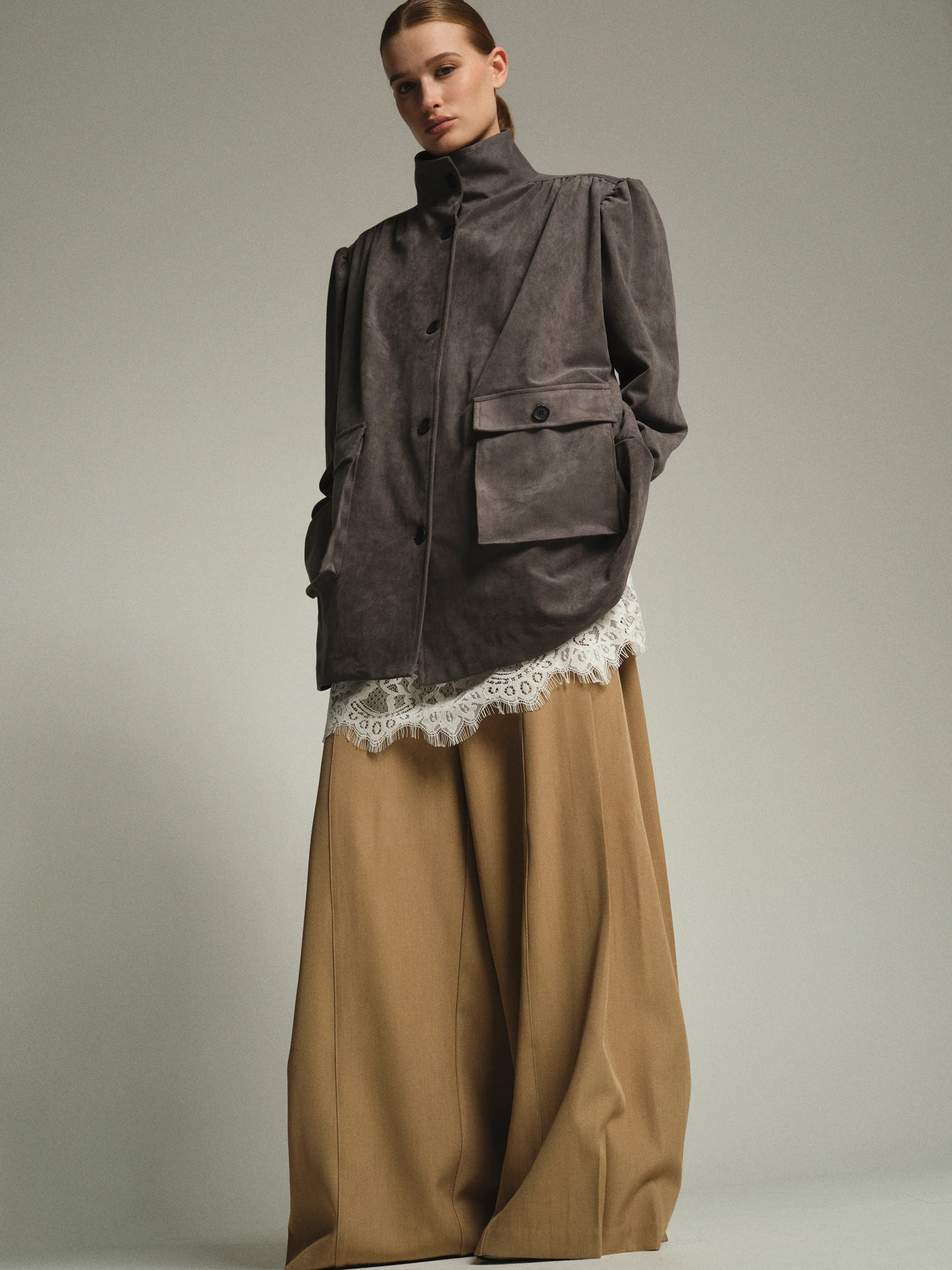 Lalisa Longline Ruched Suede Bomber, Grey
