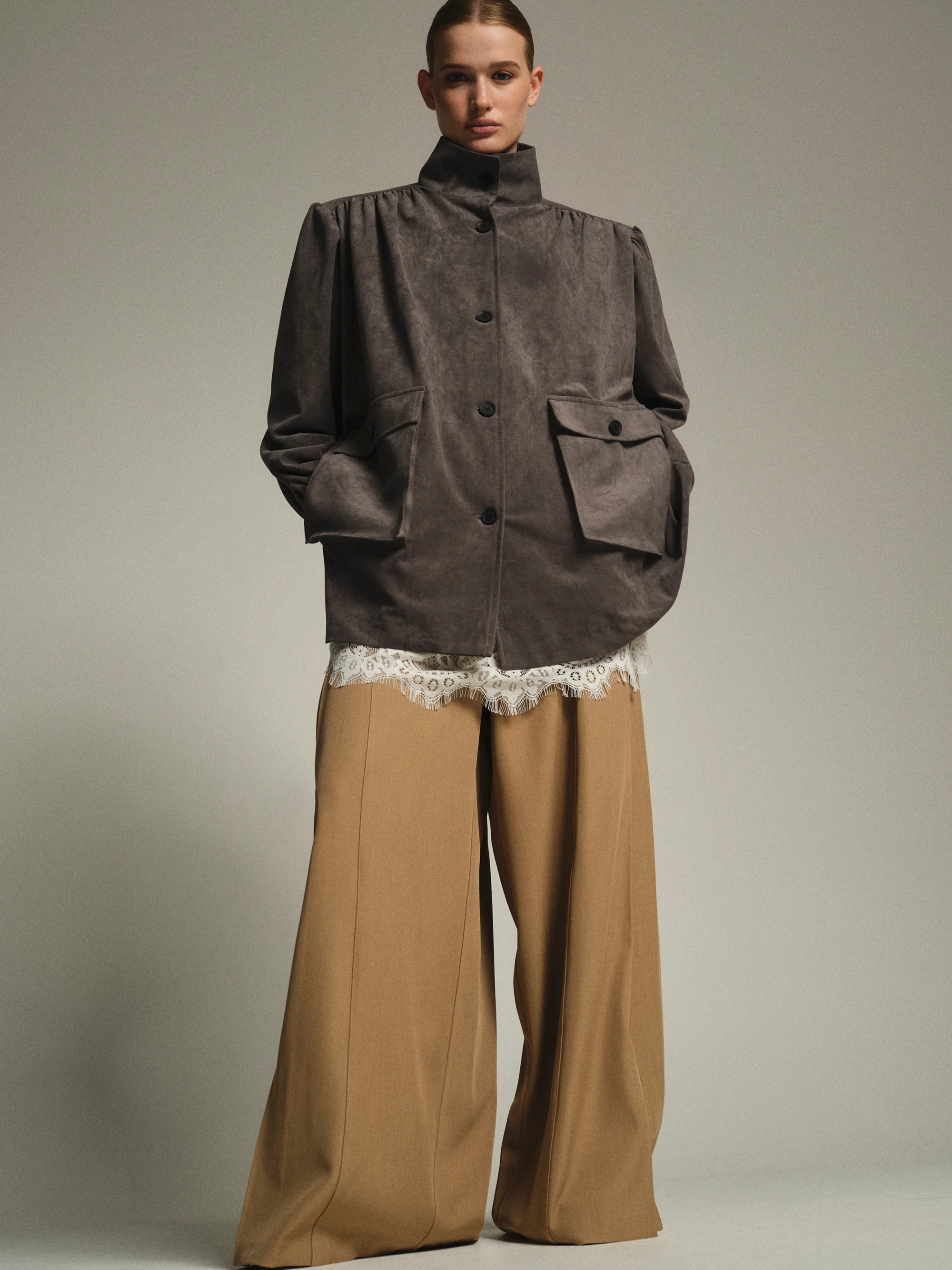 Lalisa Longline Ruched Suede Bomber, Grey - Image 2