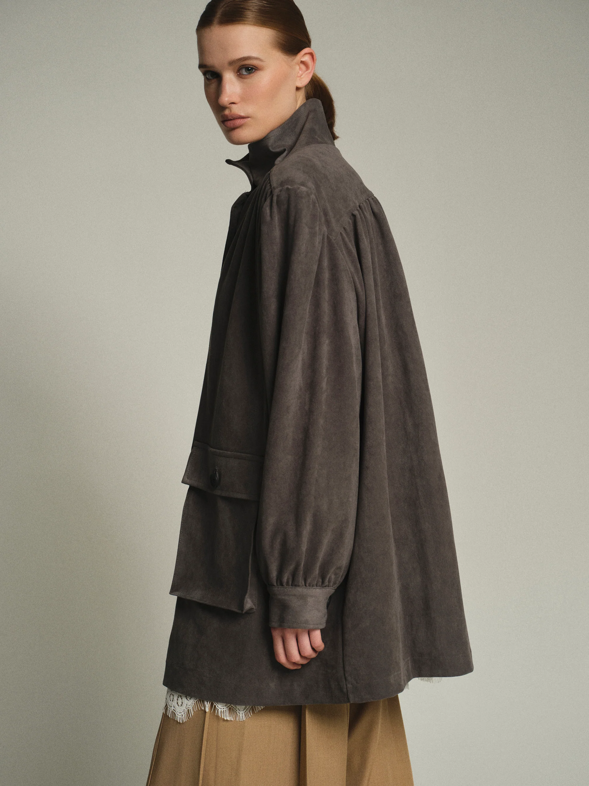 Lalisa Longline Ruched Suede Bomber, Grey - Image 3