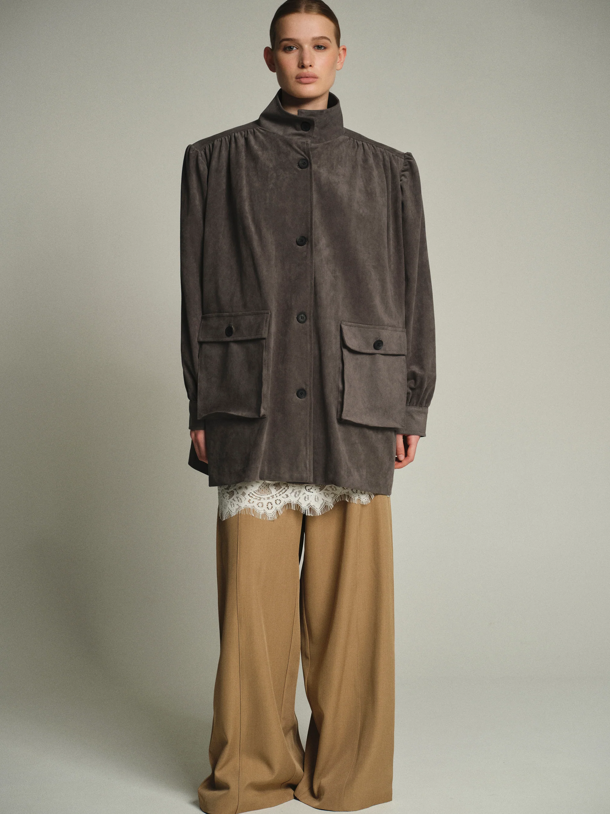 Lalisa Longline Ruched Suede Bomber, Grey - Image 4