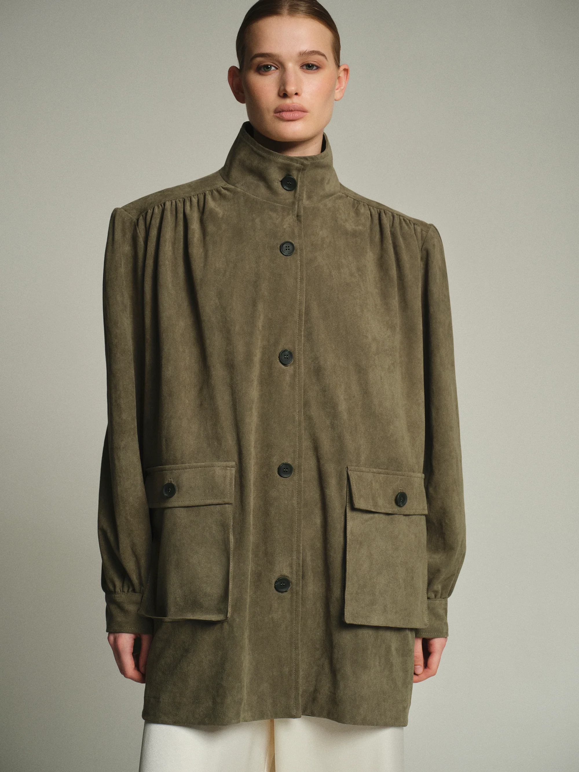 Lalisa Longline Ruched Suede Bomber, Sage