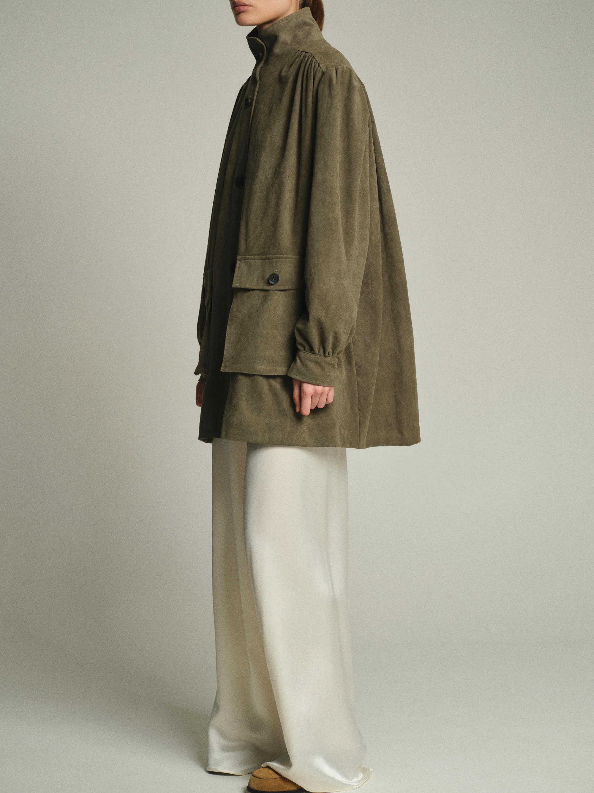 Lalisa Longline Ruched Suede Bomber, Sage - Image 2