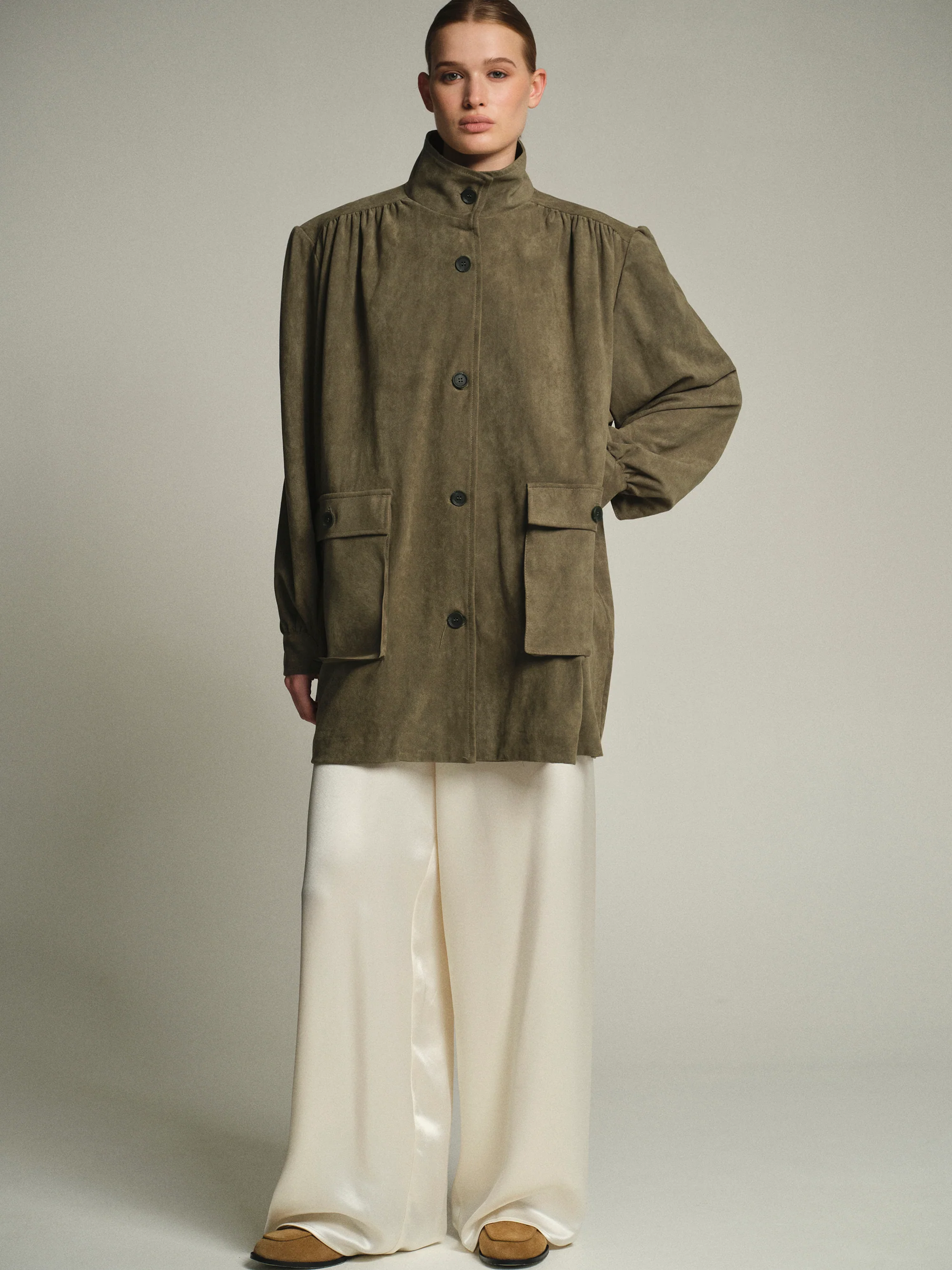 Lalisa Longline Ruched Suede Bomber, Sage - Image 3
