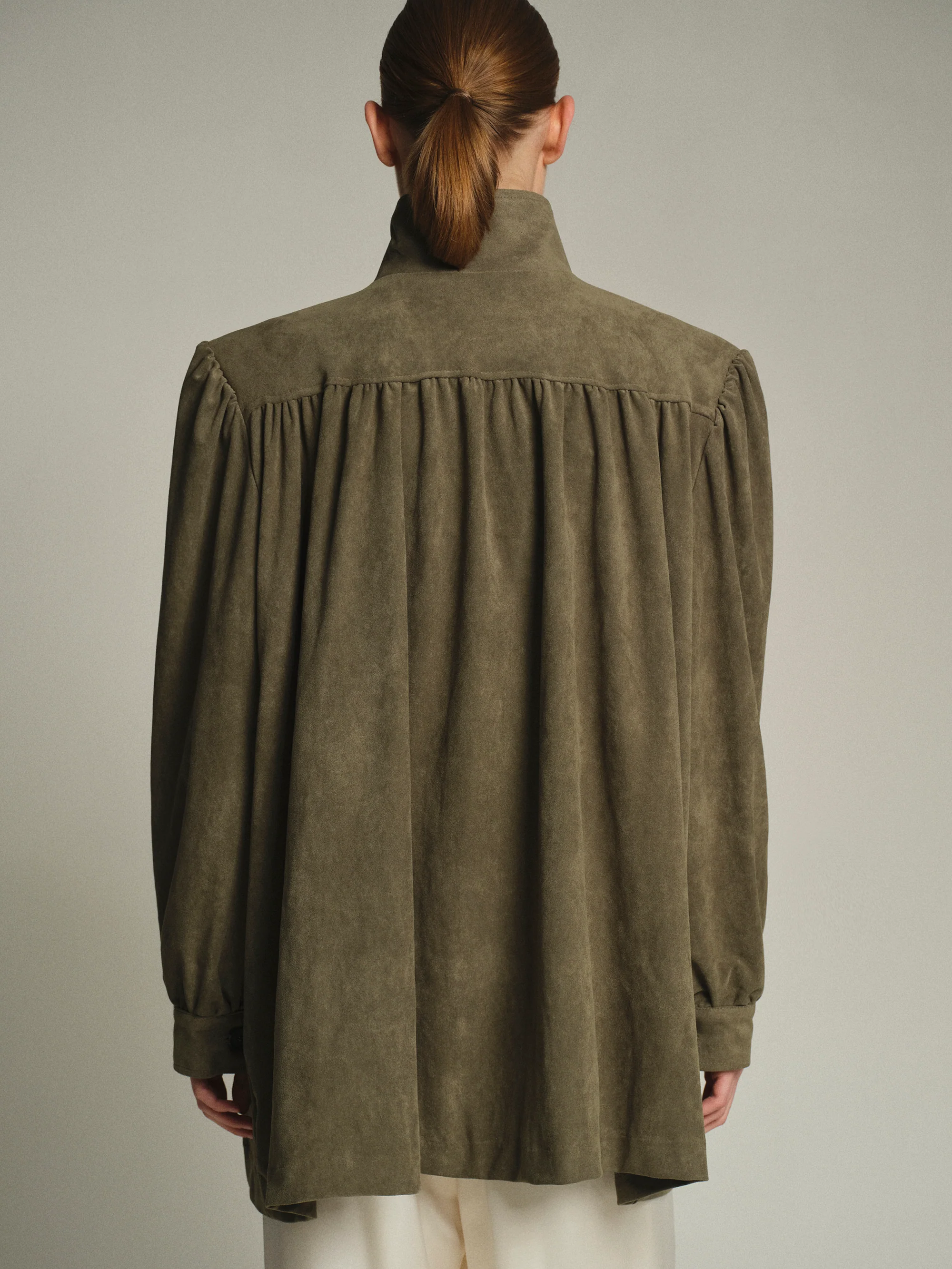 Lalisa Longline Ruched Suede Bomber, Sage - Image 4