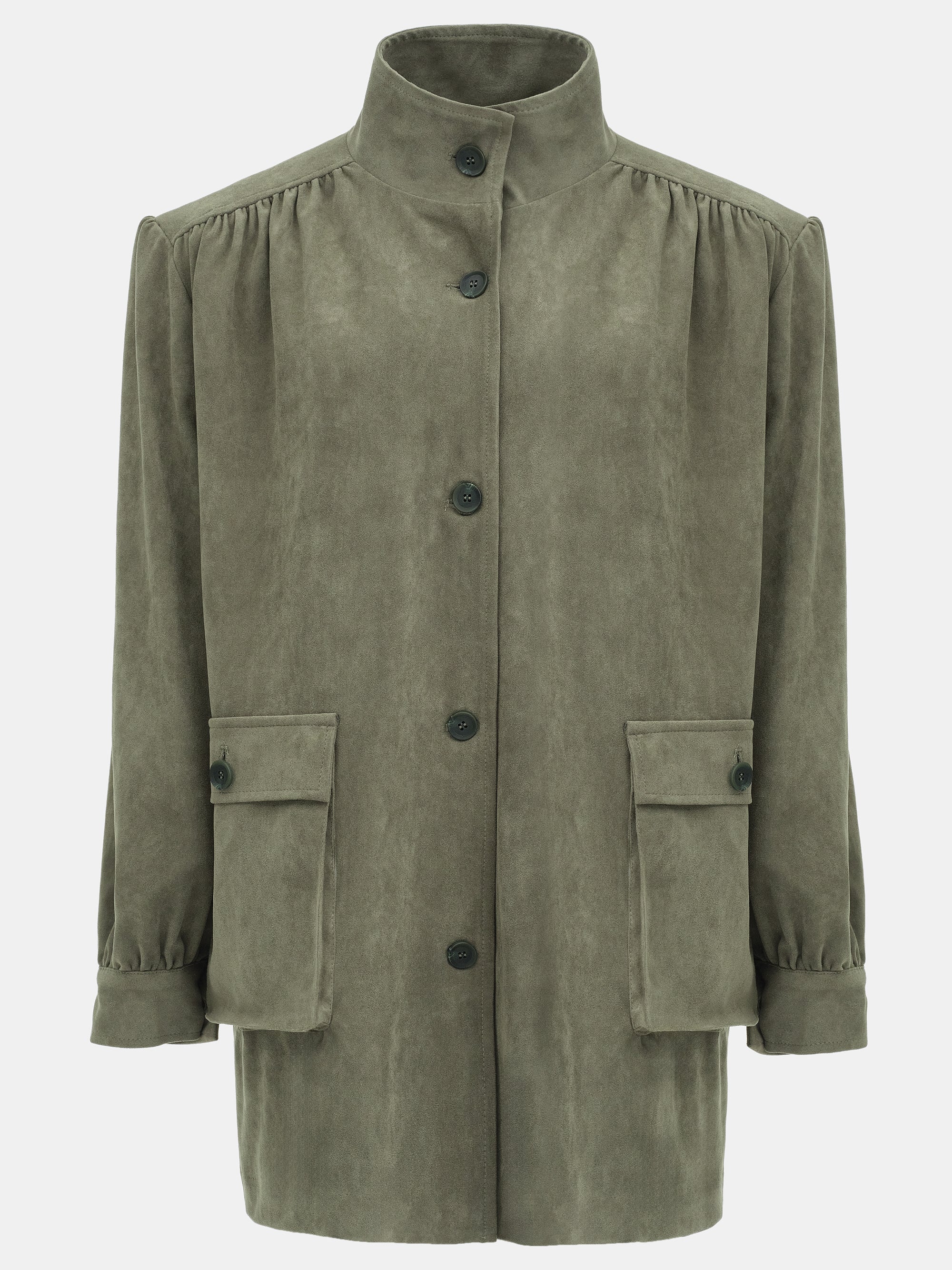 Lalisa Longline Ruched Suede Bomber, Sage - Image 5