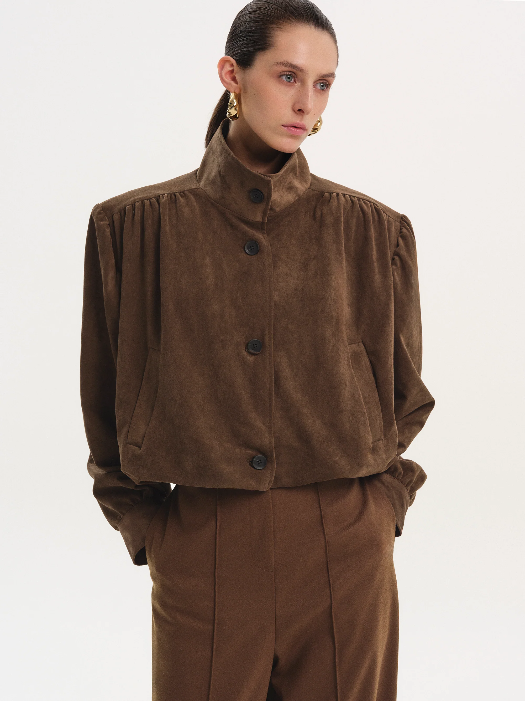 Lalisa Ruched Suede Bomber, Brown - Image 3