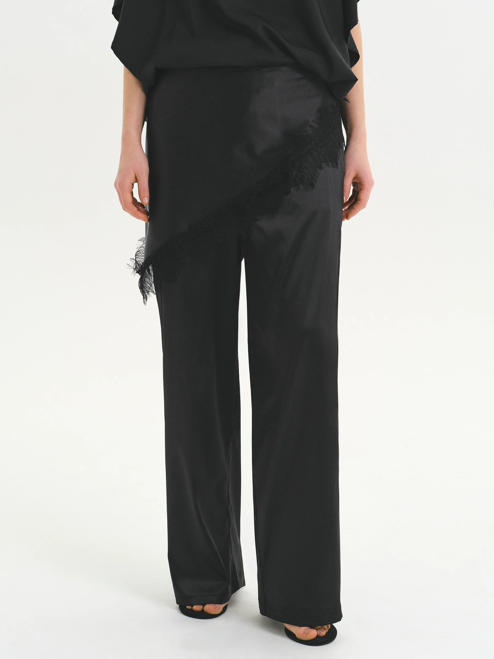 Layered Satin-Effect Trousers, Black
