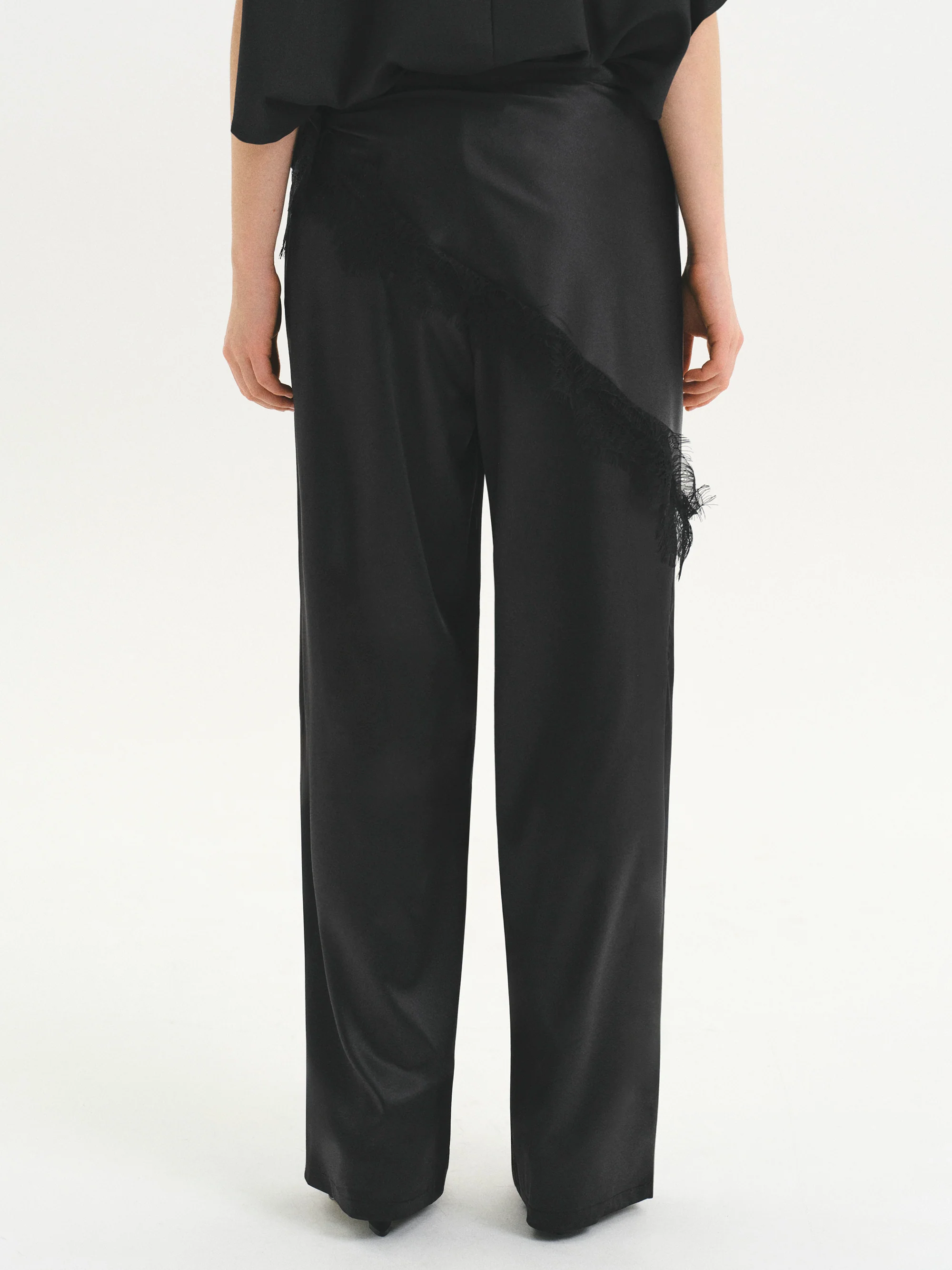 Layered Satin-Effect Trousers, Black - Image 4