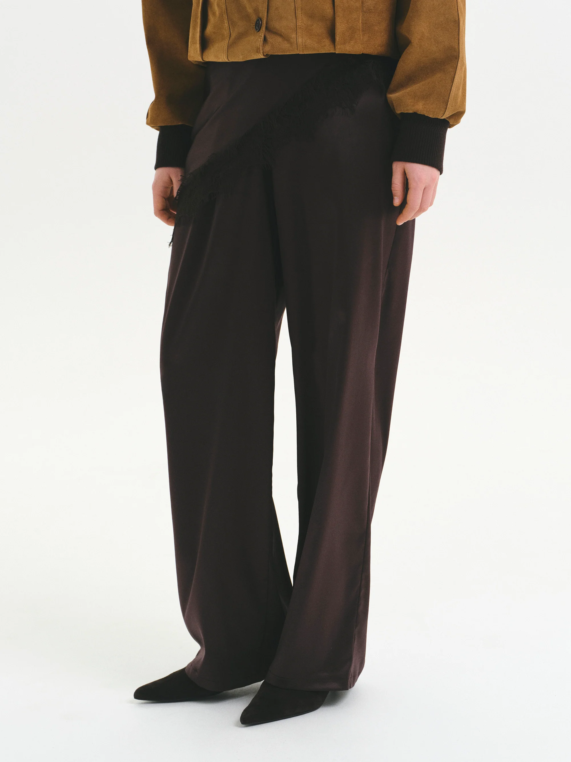 Layered Satin-Effect Trousers, Brown