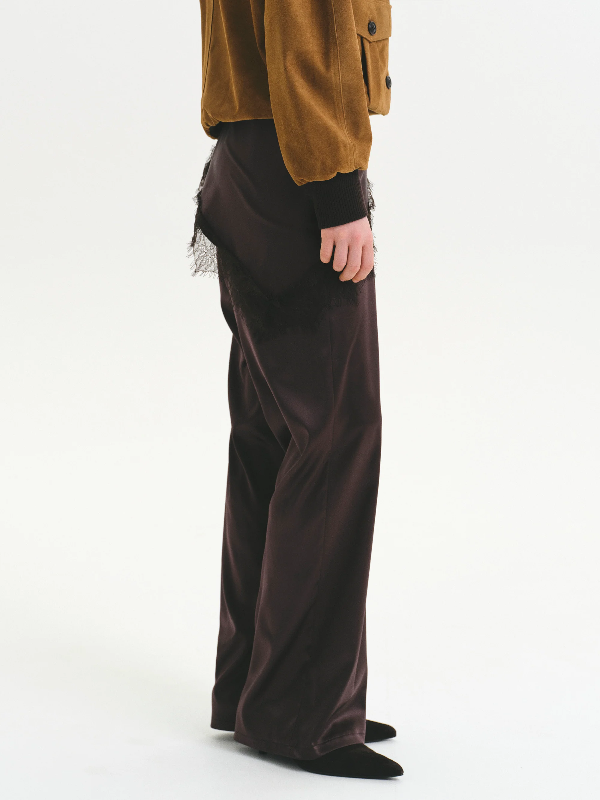 Layered Satin-Effect Trousers, Brown - Image 4