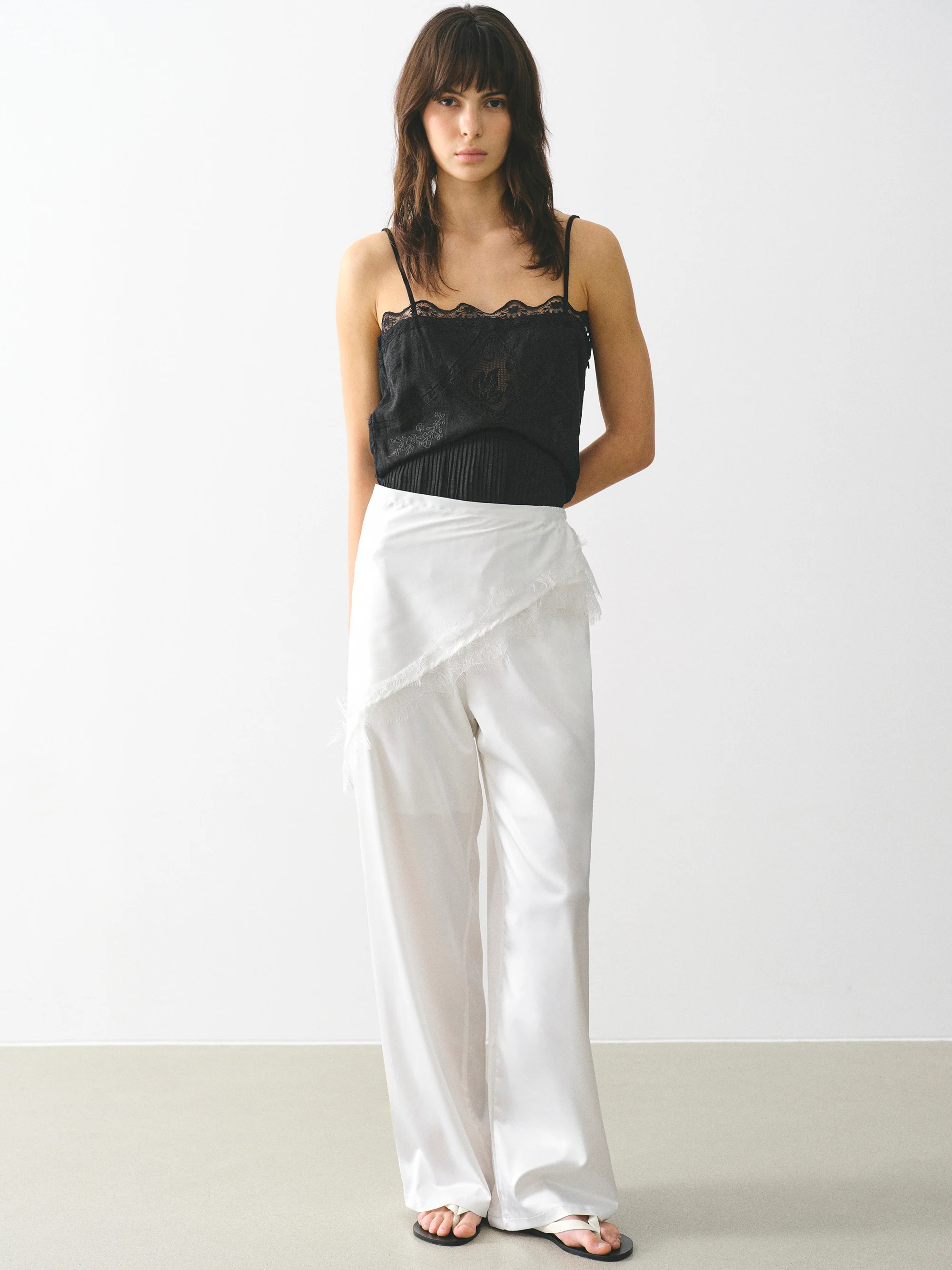Layered Satin-Effect Trousers, Ivory - Image 3